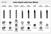 Image showing the JOWUA Touch-up Paint for Tesla Model S/3/X/Y, with a color-matching guide for wheels and paint. Options: Midnight Silver Metallic, Gunpowder, Dark Gunpowder, Starlight Silver, Matte Black, Photon, Nova Silver, Incognito Grey. Each color expertly covers chips with an ultra-thin brush.