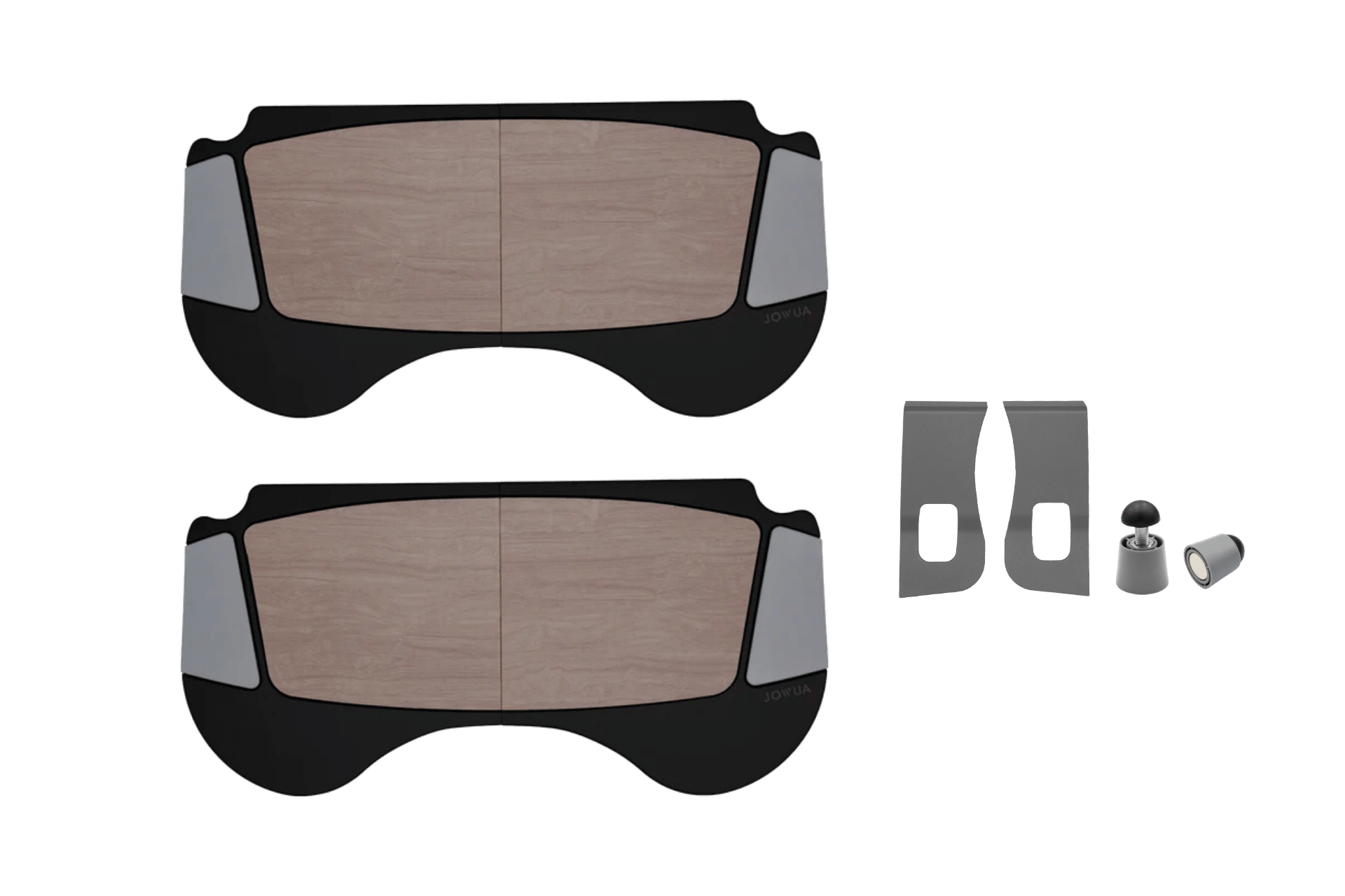 Two JOWUA Foldable Car Tray Bundles, featuring wooden skateboard decks with black and gray grip designs, are arranged parallel to each other, evoking the sleek lines seen in Tesla Model S/3/X/Y innovations. Accompanying them are two gray, angled metal brackets and a small cylindrical object. The transparent background accentuates this modern aesthetic.