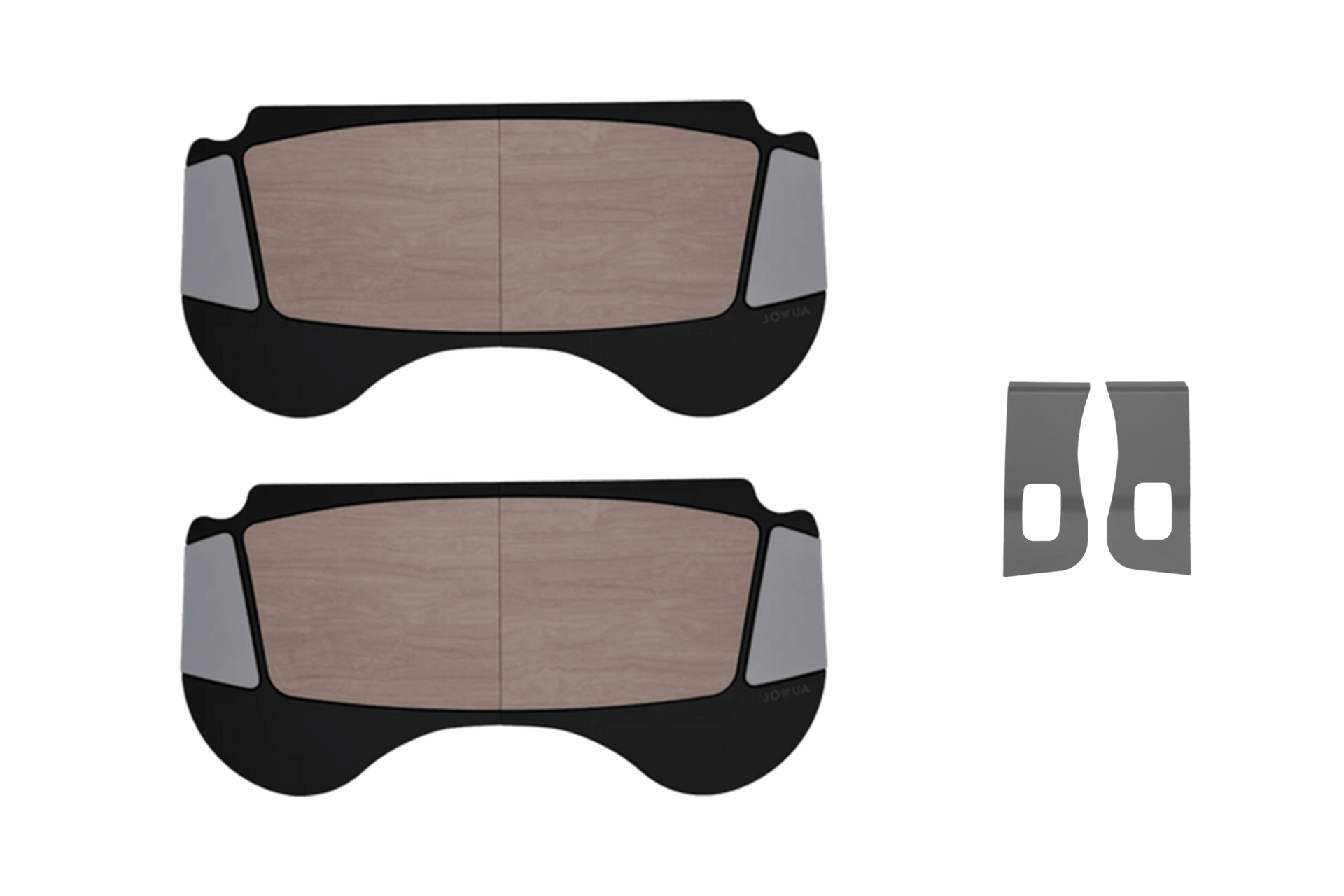 Two Foldable Car Tray Bundles by JOWUA are displayed in a top-down view. Each bundle showcases a light wood center paired with black and gray sides, echoing the sleek design of the reengineered Model 3 Highland from 2024. A side view diagram illustrates the trays in their collapsible position, emphasizing their foldable versatility.