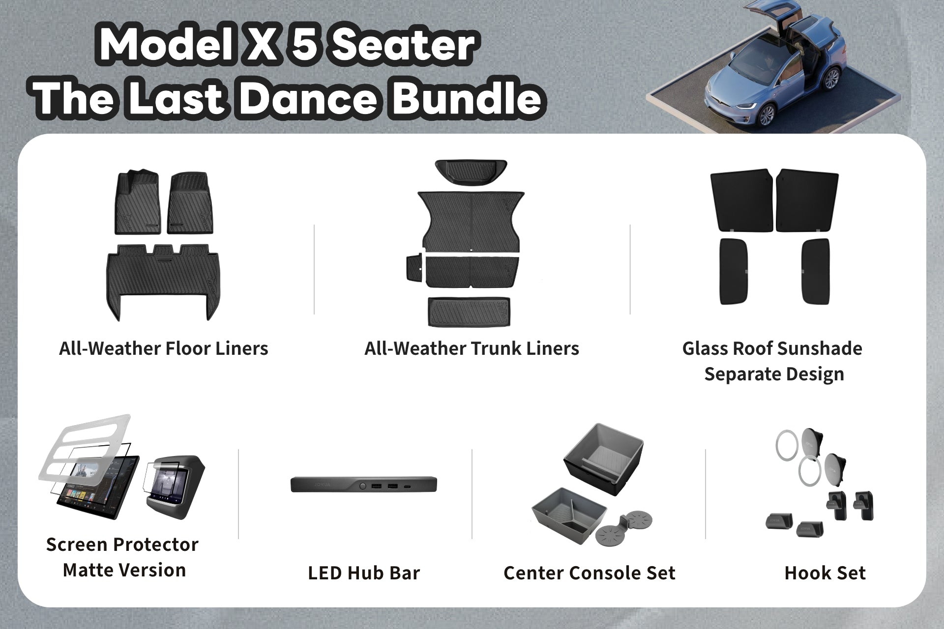 The JOWUA Model X - Last Dance Bundle includes floor and trunk liners, glass roof sunshades, a matte screen protector, LED hub bar, center console set, and hook set for the 5-seater Model X.