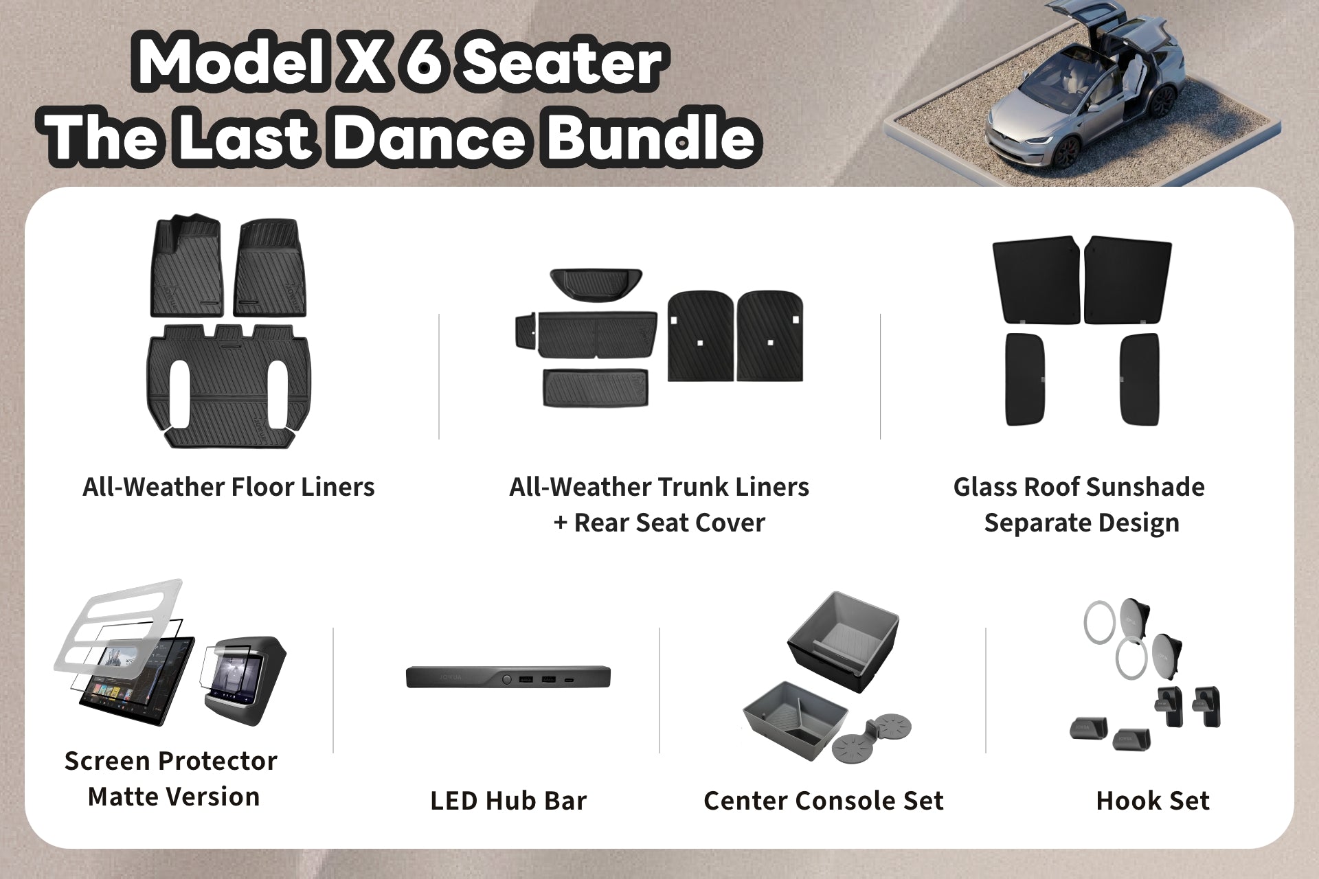 A promotional image for the JOWUA Model X - Last Dance Bundle displays accessories such as floor liners, trunk liners, sunshade, screen protector, LED hub bar, console organizer set, and hook set—all included in the bundle.