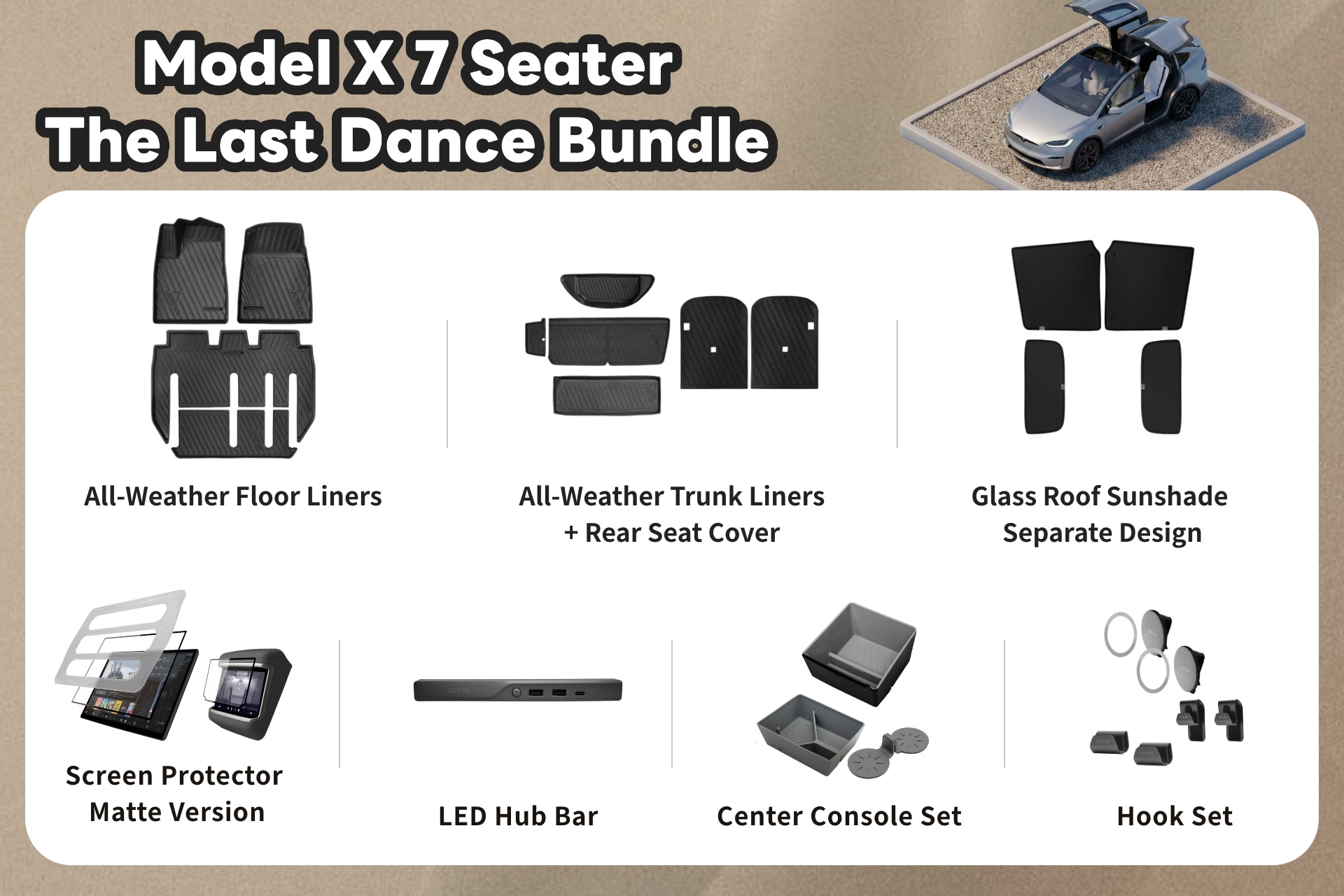 Image shows the JOWUA Model X - Last Dance Bundle with product images and labels: floor liners, trunk liners, glass roof sunshades, screen protector, LED hub bar, console organizer set, and hook set.