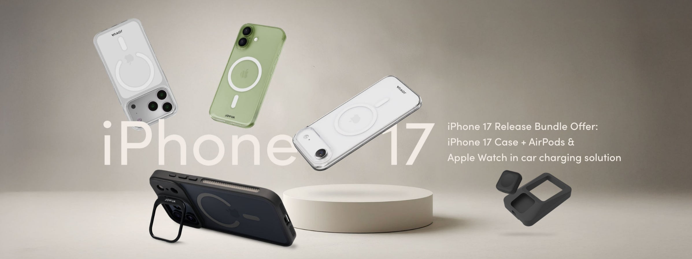 Promotional image of Apple products including iPhones and AirPods on a neutral background from jowua