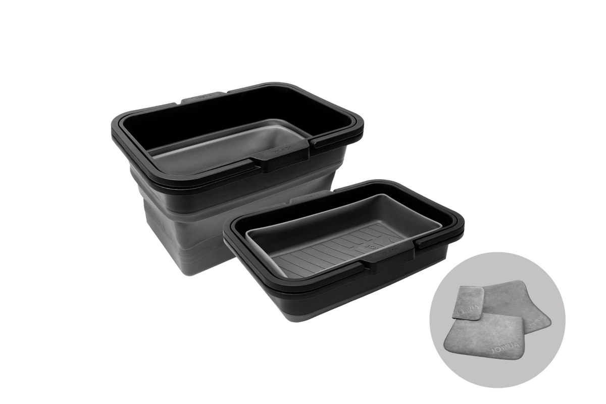 The JOWUA Under Seat Collapsible Organizer & Microfiber Cleaning Cloth Combo includes two black and gray stackable bins plus two folded gray microfiber cloths, ideal for tidy storage and cleaning.
