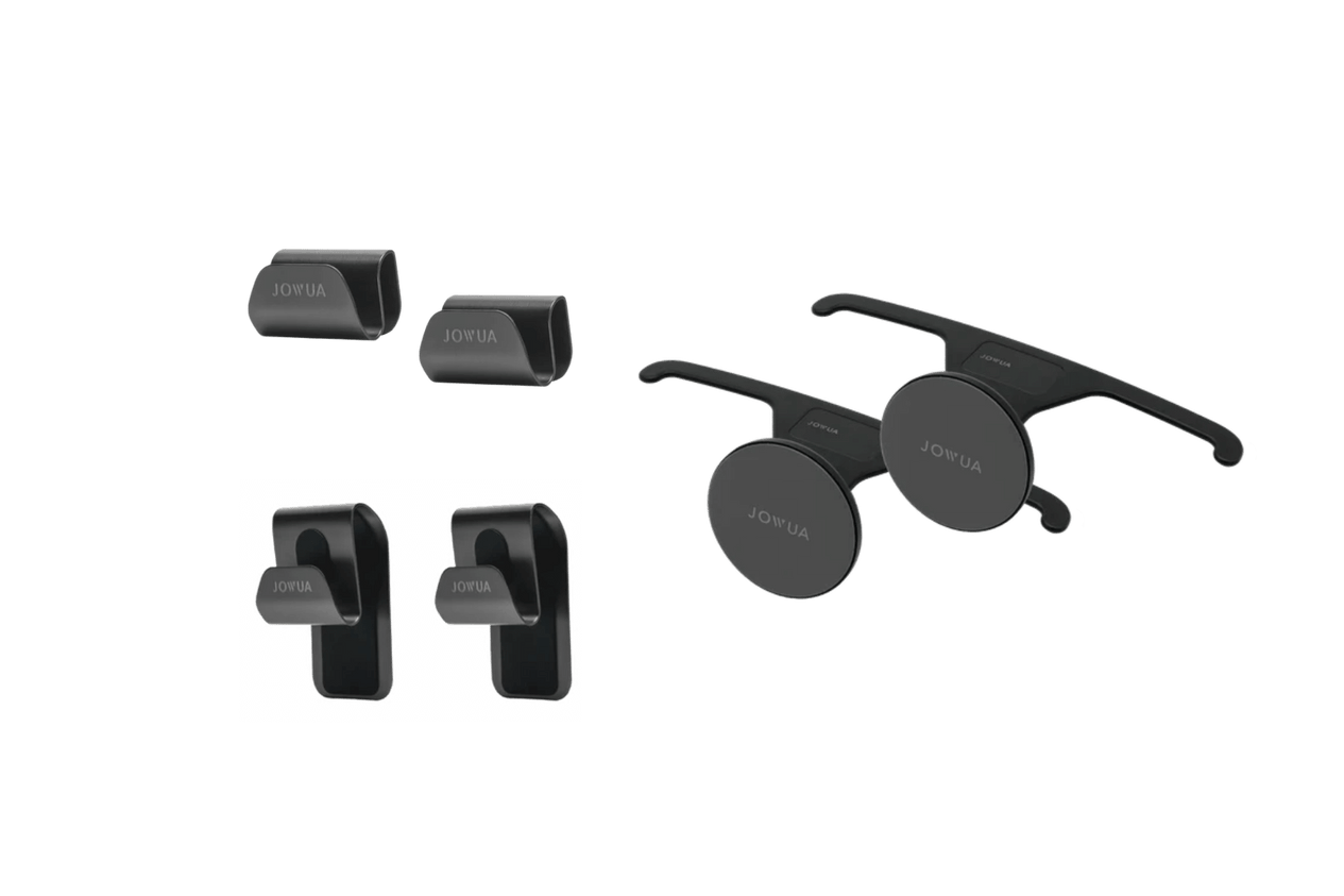 Presented are three black car accessory sets: two round rearview mirror attachments, two headrest hooks, and two seat belt clips from JOWUA. Included is a handy MagSafe Car Seat Holder for effortless phone access during travel.