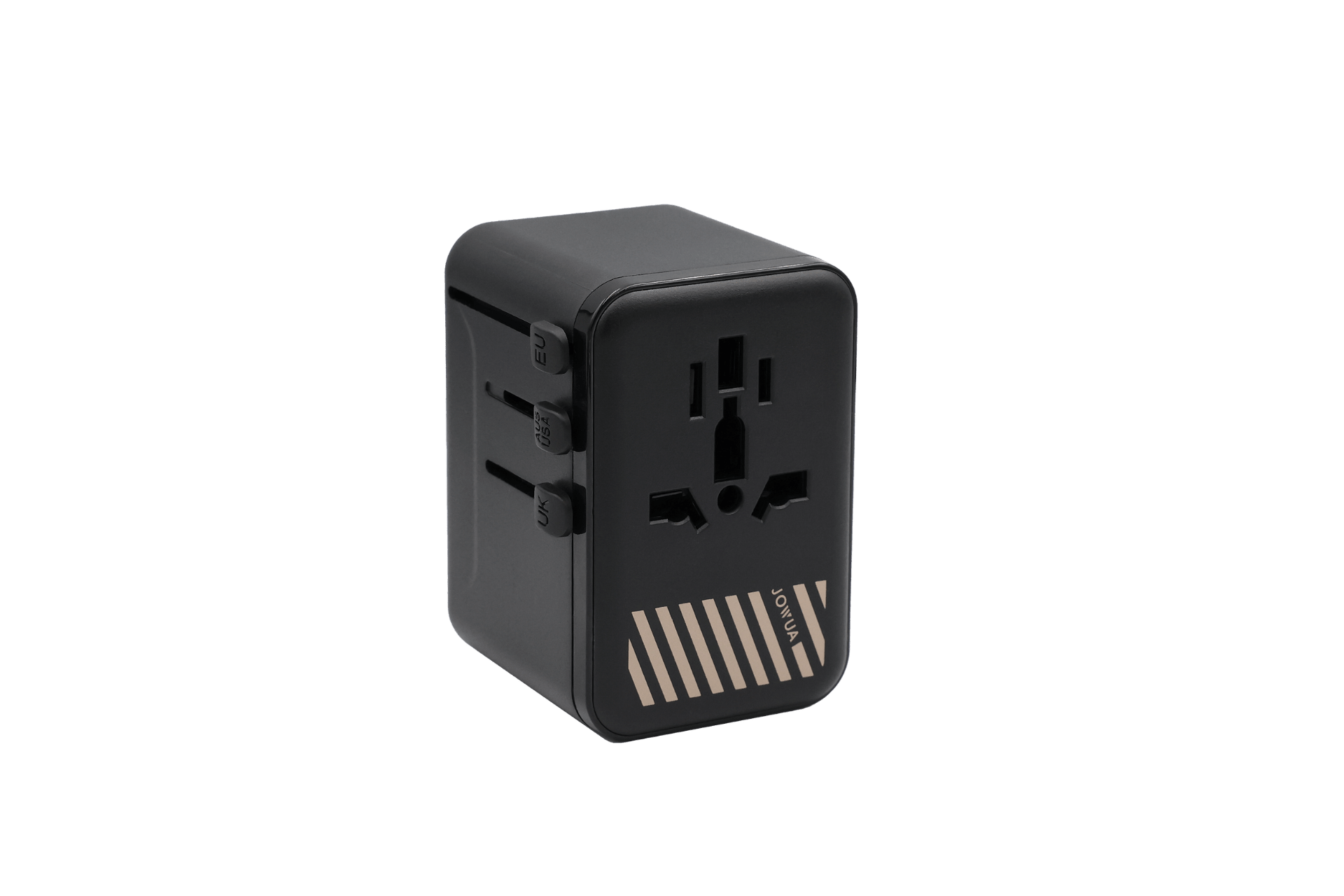 The JOWUA 100W GaN Travel Adapter is a black international charger with multiple plug options, side slider switches, and a striped front panel design, providing efficient 100W fast charging for your devices.