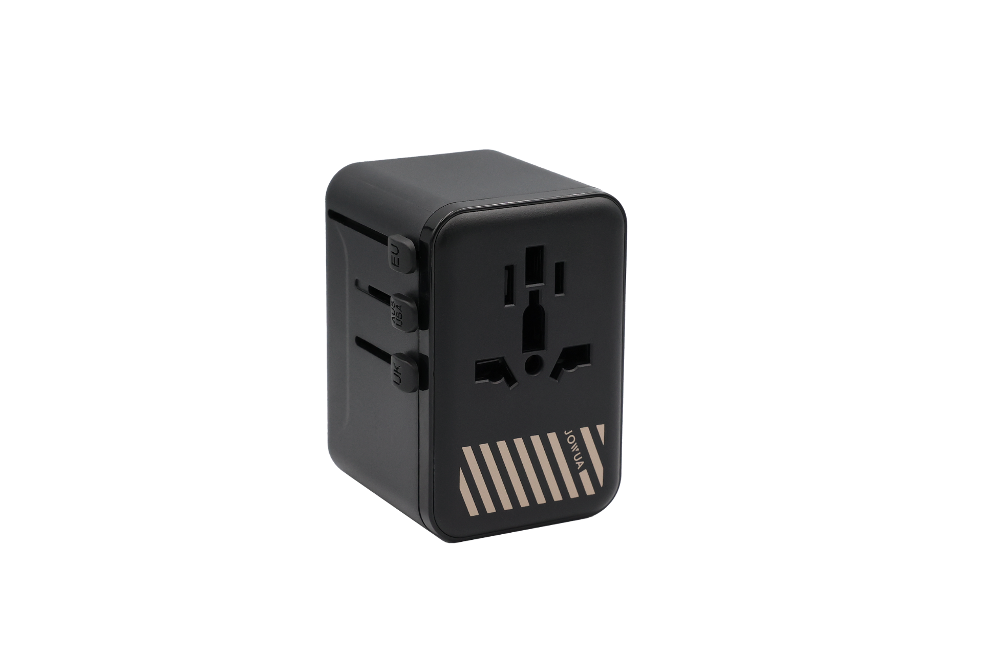 The JOWUA 100W GaN Travel Adapter is a black international charger with multiple plug options, side slider switches, and a striped front panel design, providing efficient 100W fast charging for your devices.