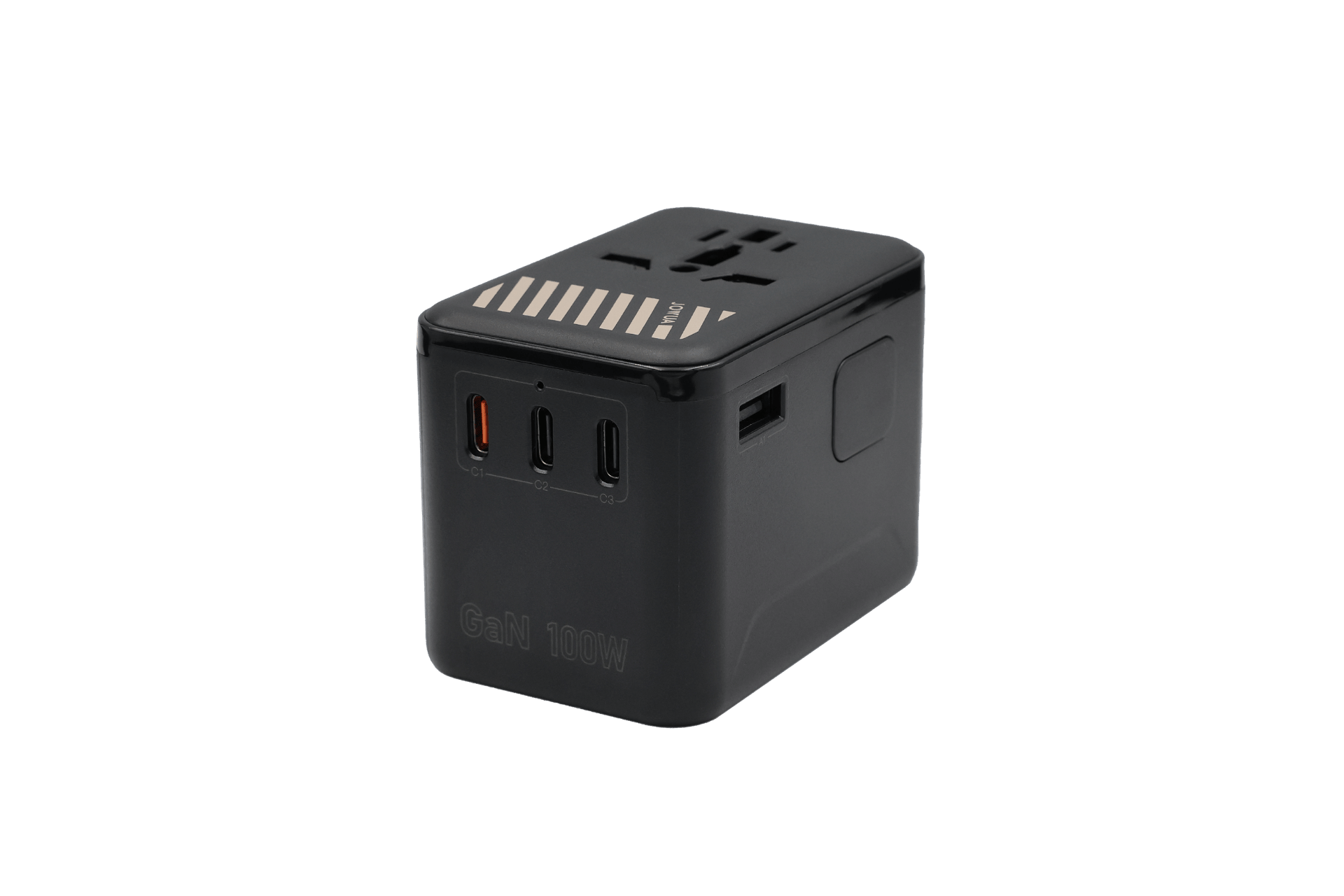 The JOWUA 100W GaN Travel Adapter, in black, features multiple top socket types and three charging ports (2 USB-C, 1 USB-A), labeled 
