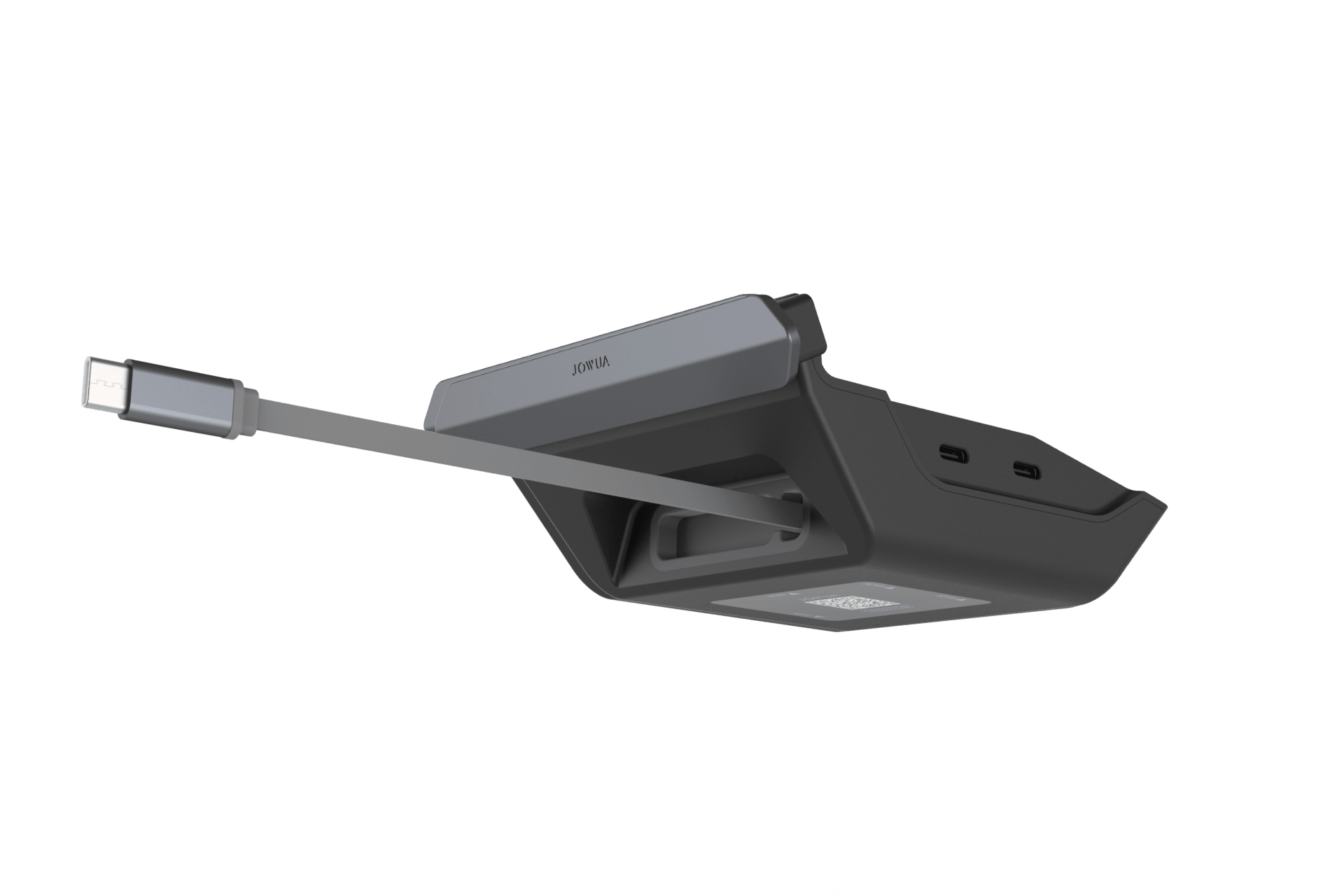 The JOWUA 130W LED Rear Vent Hub for Model 3 Highland 2024+ and Model Y Juniper 2025+ is a black device with a built-in USB-C cable and two side USB-C ports, shown partially extended on a white background, supporting fast charging.