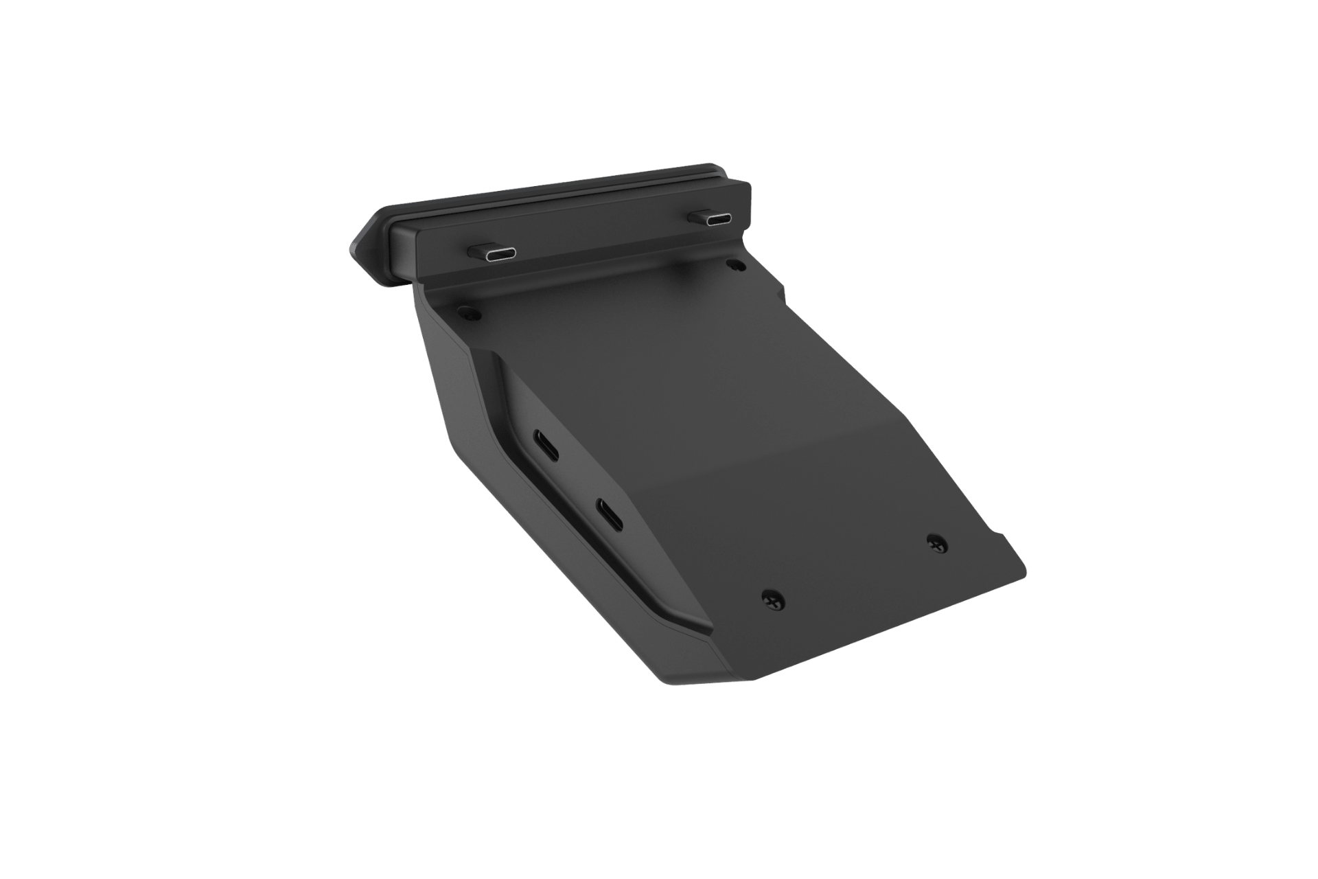 A black, angular metal bracket with multiple screw holes for mounting the JOWUA 130W LED Rear Vent Hub (Model 3 Highland 2024+/Model Y Juniper 2025+), shown against a plain white background.