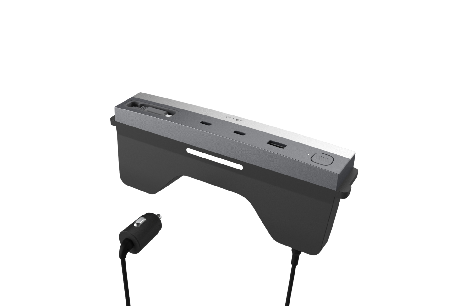 The JOWUA Tesla Model Y Juniper (2025+) Advanced Bundle is a sophisticated car accessory with a black base, silver top, multiple USB ports, and circular button. It connects via a black cable and enhances your ride with wireless charging capabilities.