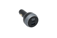 The JOWUA 165W PD3.1 Car Charger, in black and silver with USB-A and USB-C ports, designed for Tesla and supporting PD3.1 fast charging, is shown angled on a white background.