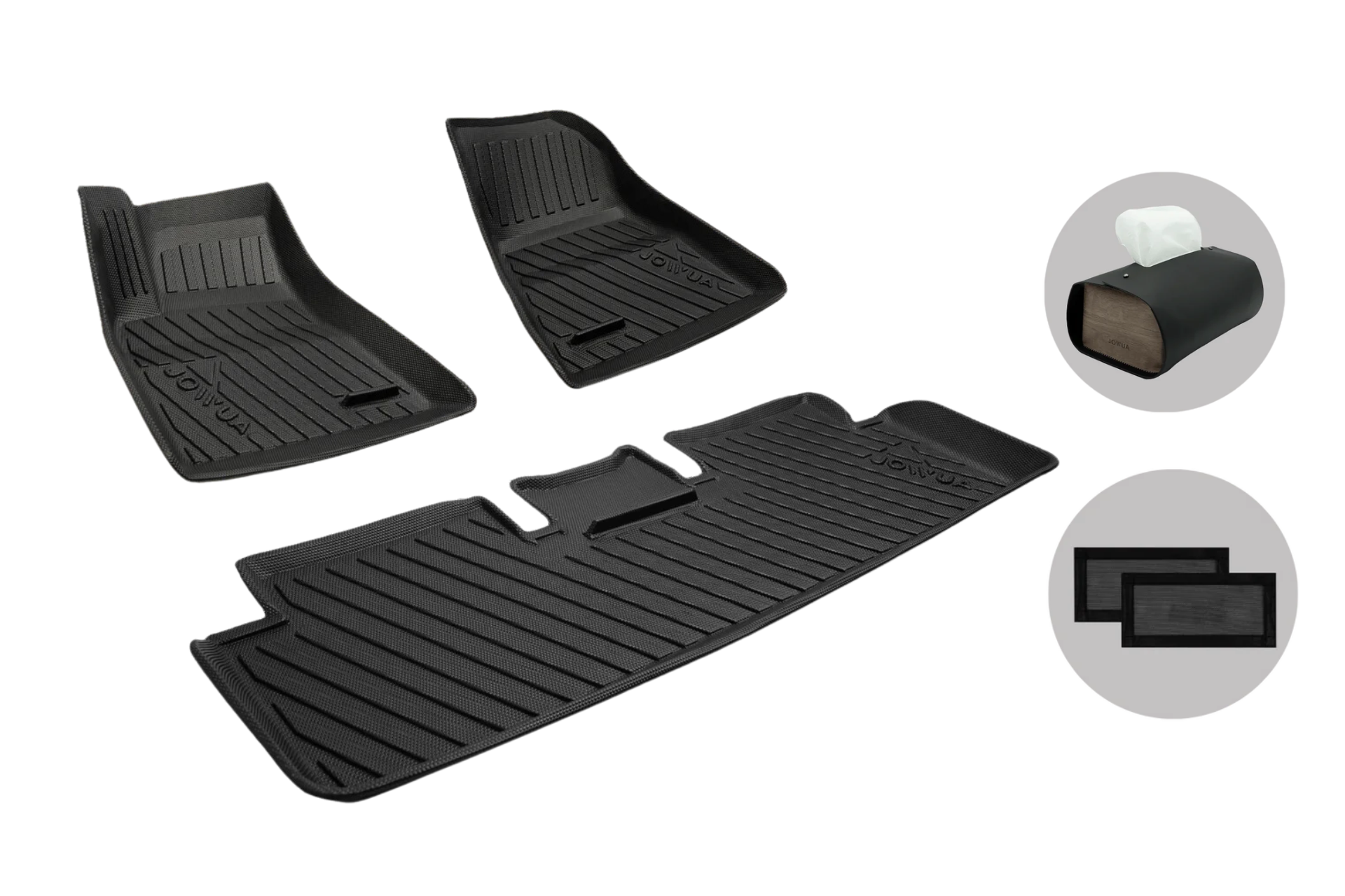 Image of JOWUA Model 3 All-Weather Floor Liners featuring raised edges for a precise custom fit. Includes all-weather liners, a detailed close-up of a tissue holder, and screen protectors, all presented against a white background for enhanced clarity.