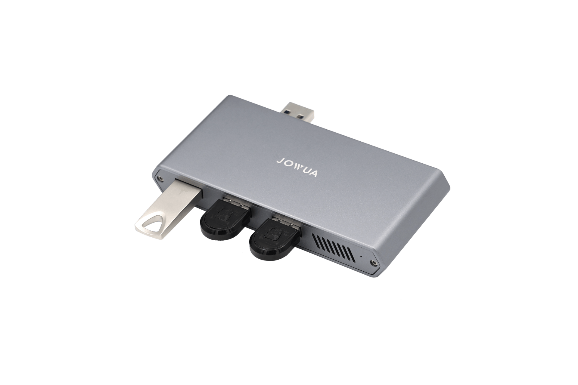 The JOWUA Tesla 1TB SSD + 3-Port HUB, a rectangular metallic USB hub, is shown with two small black USB devices and the silver SSD for Sentry Mode storage plugged in, all on a minimalist white background.