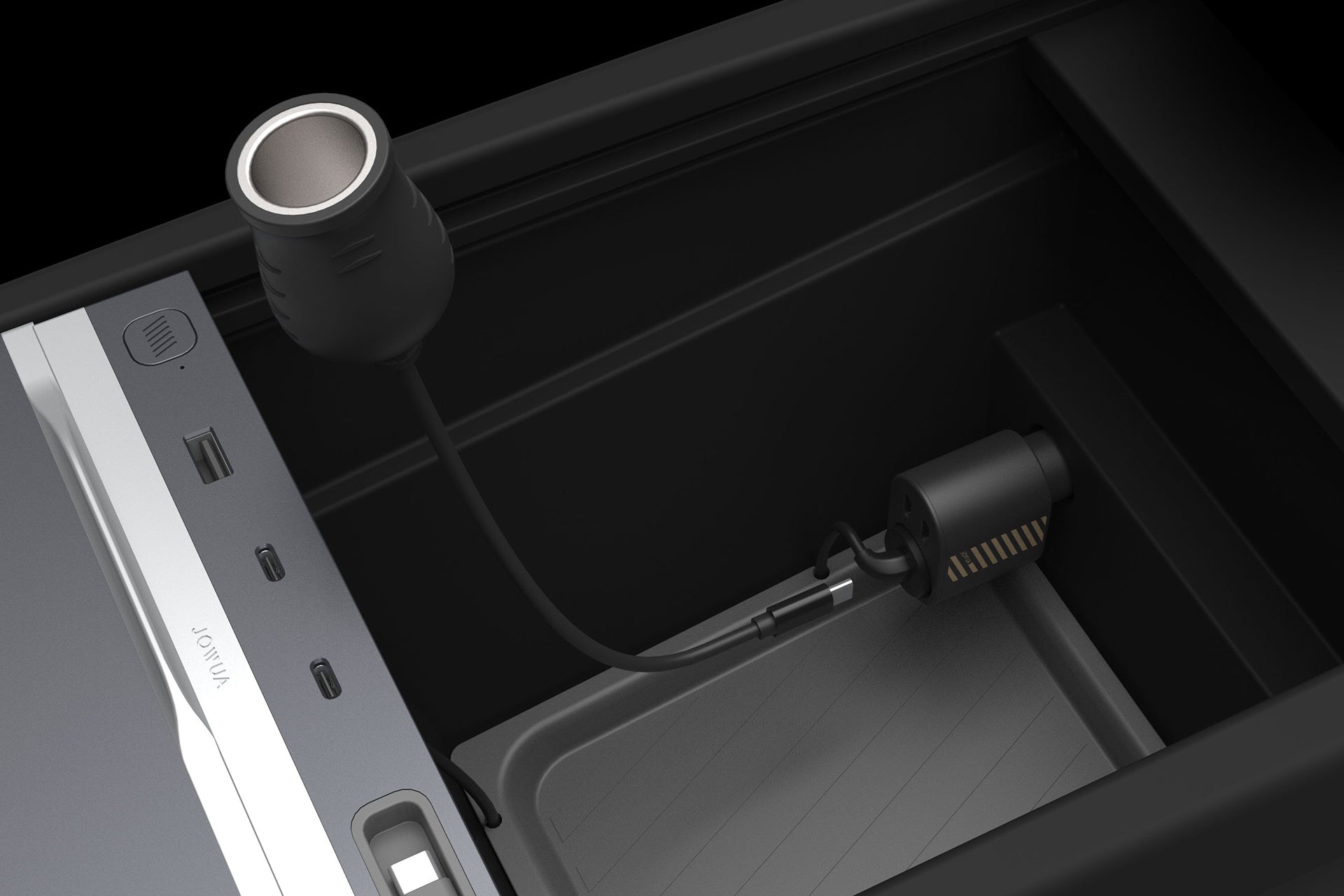 A close-up of JOWUA's 3 in 1 Type-C Car Charger shows USB ports, a cup holder, and a retractable charging cable connected to a high-power cigarette lighter adapter in a sleek black car interior.