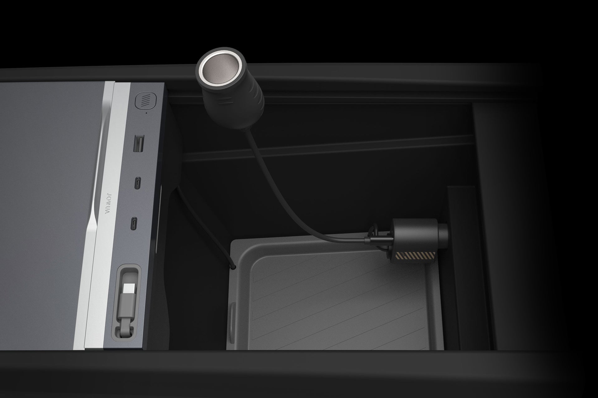 A close-up of JOWUA’s 3 in 1 Type-C Car Charger in a car’s center console, showing its sliding tray, USB ports, 12V outlet with cigarette lighter adapter, and a connected cylindrical charger for modern power expansion.