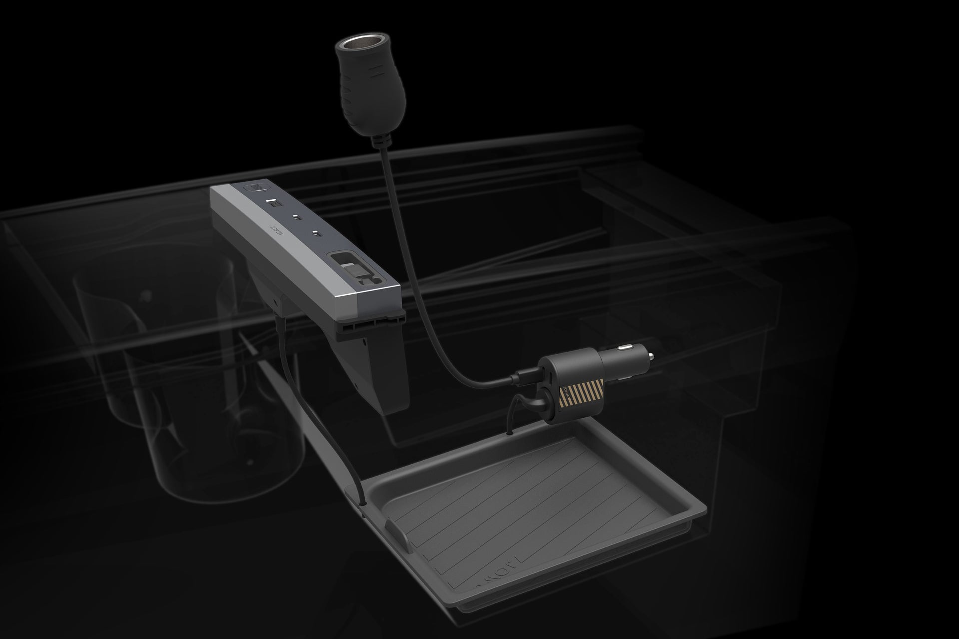 A 3D-rendered image of the JOWUA 3 in 1 Type-C Car Charger attached to a car seat edge, featuring a power outlet, USB ports, flexible light, and tray for small items—expanding your car’s power options via the cigarette lighter socket.