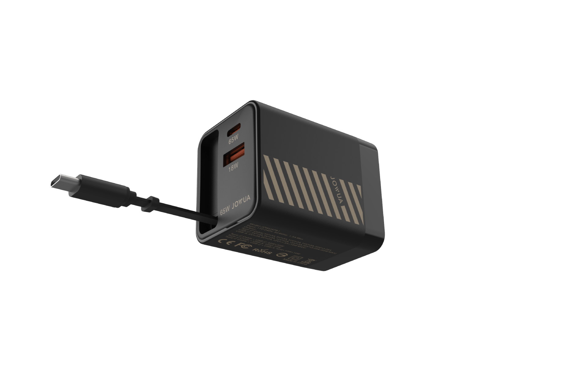 The JOWUA 65W GaN Charger with Retractable Cable is a black rectangular charger featuring diagonal stripe accents, two USB ports (one orange, one black), and a built-in USB-C cable, shown against a plain white background.