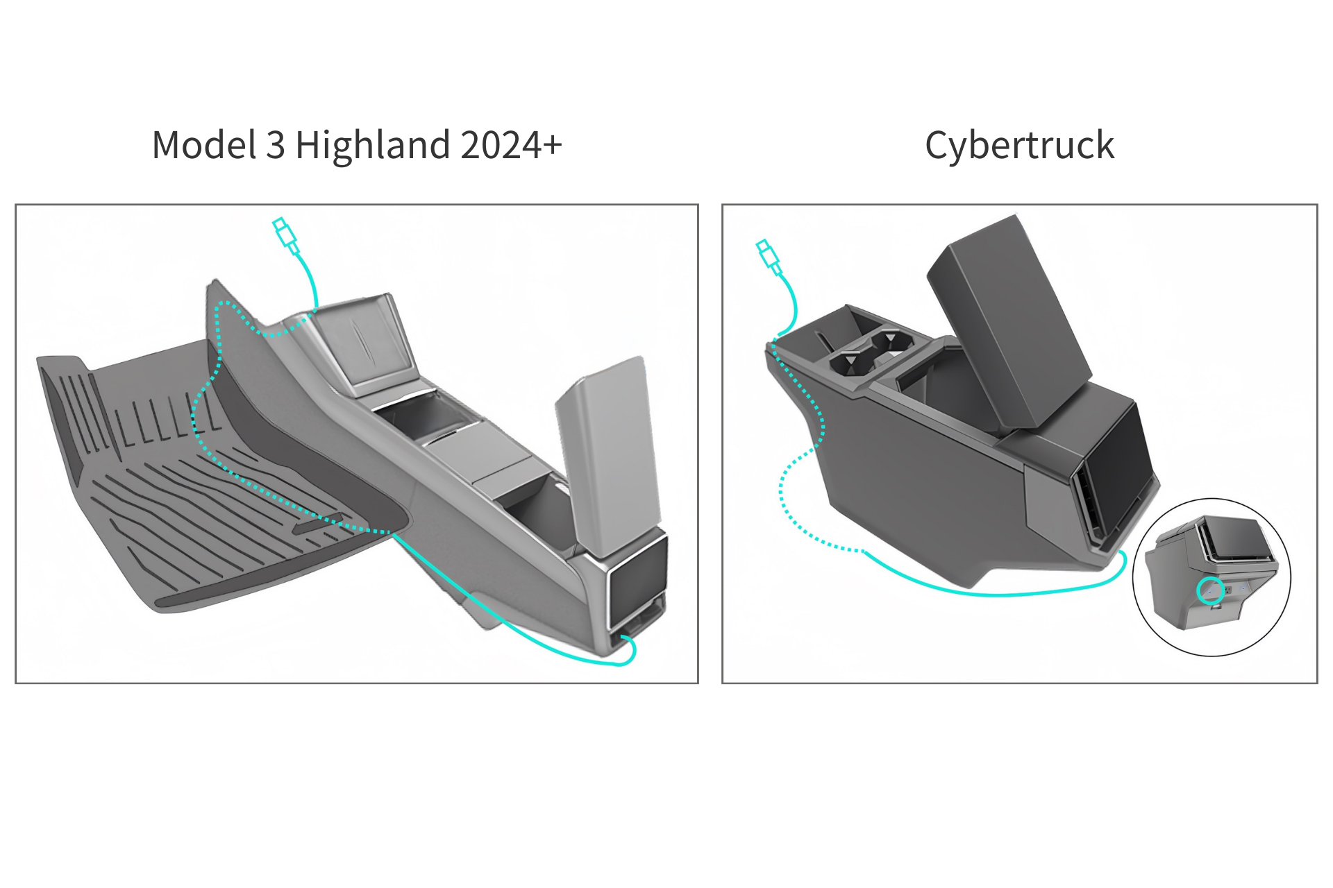 Side-by-side diagrams of 2024+ Model 3 Highland and Cybertruck consoles highlight removable sections, wiring, unique designs, JOWUA’s 6D Tesla Compatible Invisible Foldaway Qi2 Wireless Charger (MagSafe) placement, and hidden floor liner features.