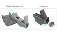 Side-by-side diagrams of 2024+ Model 3 Highland and Cybertruck consoles highlight removable sections, wiring, unique designs, JOWUA’s 6D Tesla Compatible Invisible Foldaway Qi2 Wireless Charger (MagSafe) placement, and hidden floor liner features.