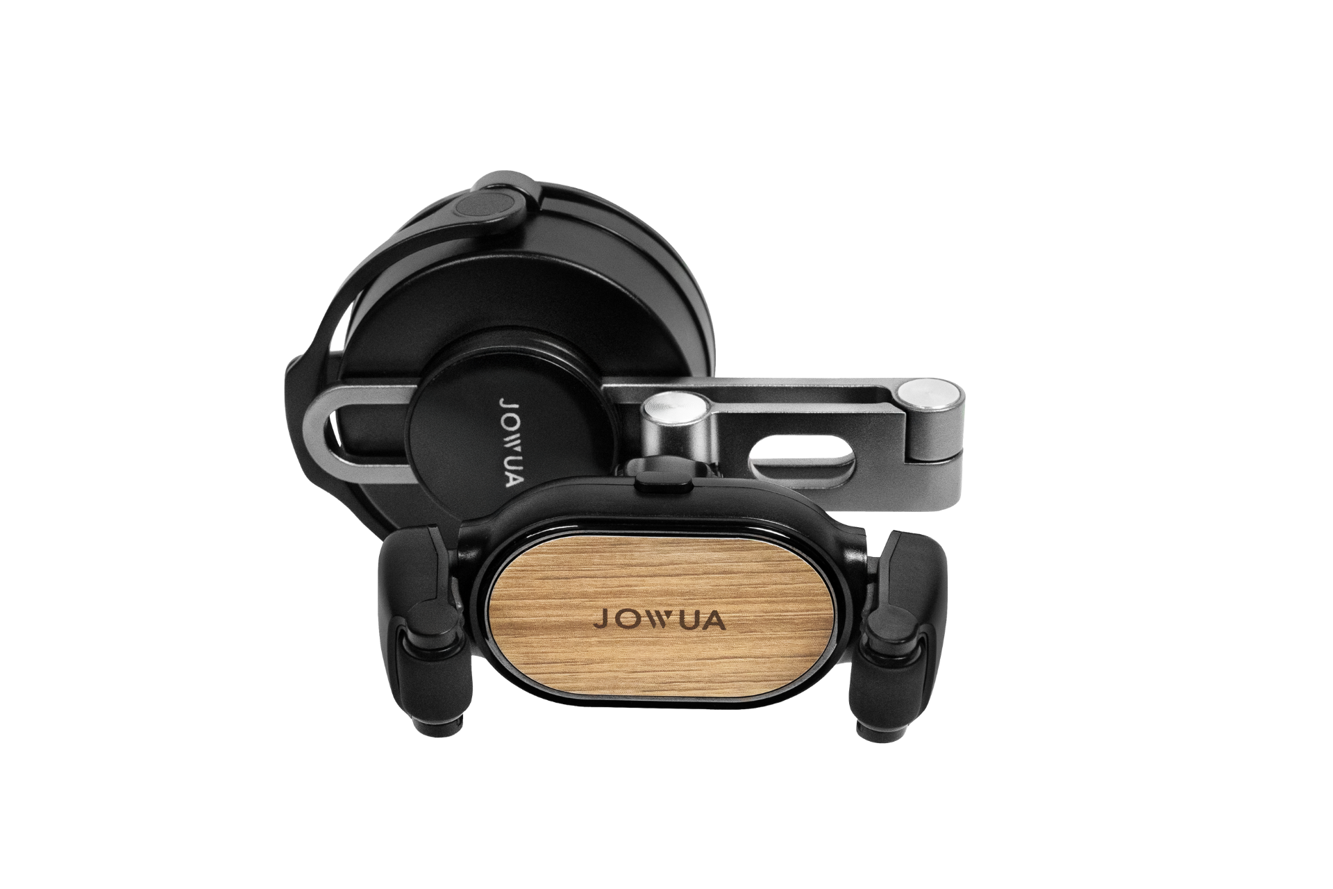 The JOWUA 6D Invisible Foldaway Car Mount, a black phone holder with adjustable arms and a wood-textured panel, features an innovative design with a suction cup mount and swivel arm for flexible positioning. It