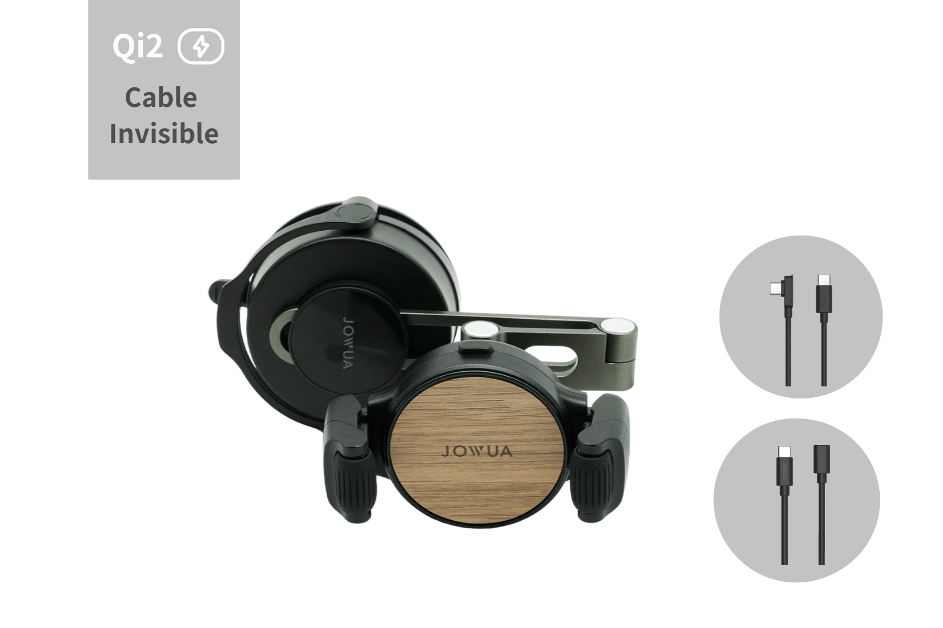The JOWUA 6D Tesla Compatible Invisible Foldaway Car Mount features a wood finish, black accents, Qi2 Wireless Charging, and hidden cable design—supporting fast charging with two types of cables for Tesla S/3/X/Y/Cybertruck.