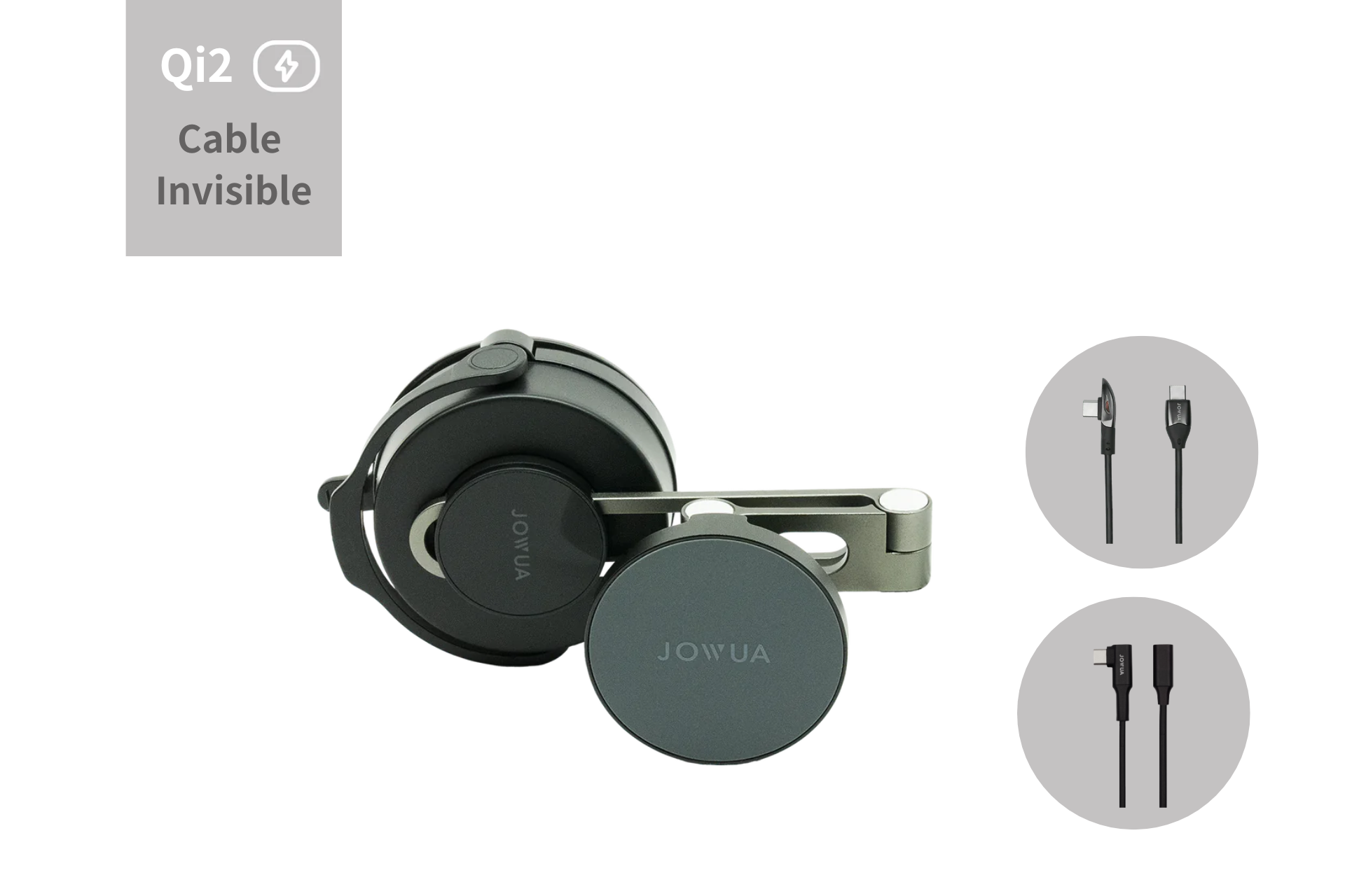 A circular black JOWUA headphone set in the Tesla Model Y Juniper (2025+) Essential Bundle features USB-C and Lightning cable ends. The top left corner displays "Qi2 Cable Invisible" for Qi2 wireless charging, ideal for Model Y drivers.