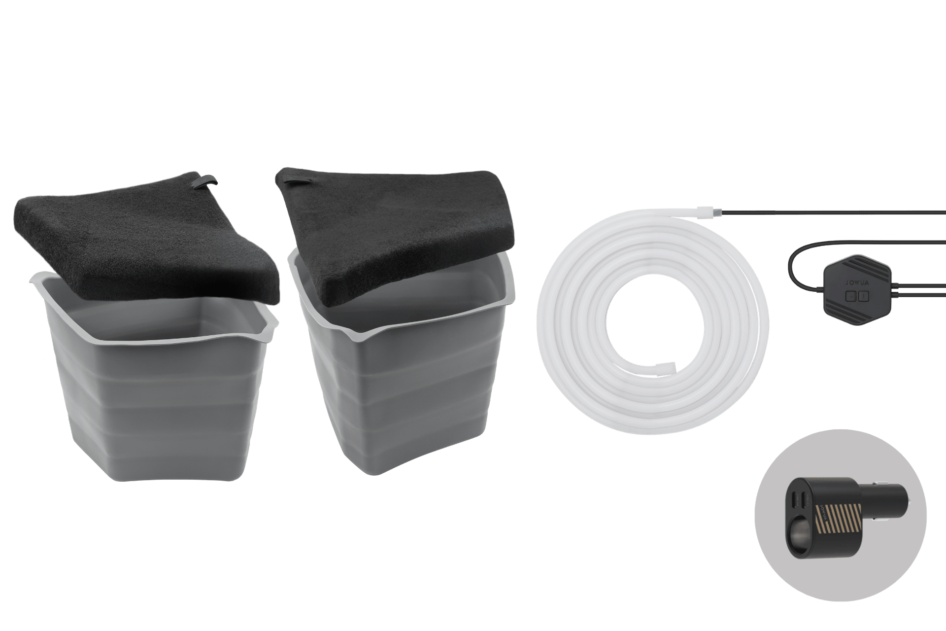 Two gray collapsible JOWUA trunk storage bins with black lids, a coiled white ambient lighting tube, a compact black wired controller, and a close-up of the ambient light’s nozzle attachment are displayed on a gray background—designed specifically to keep your gear organized in the Tesla Model Y L (2026+) trunk. This bundle is an ideal complement to any silicone trunk organizer or Model Y L storage solution for maximizing organizational efficiency.