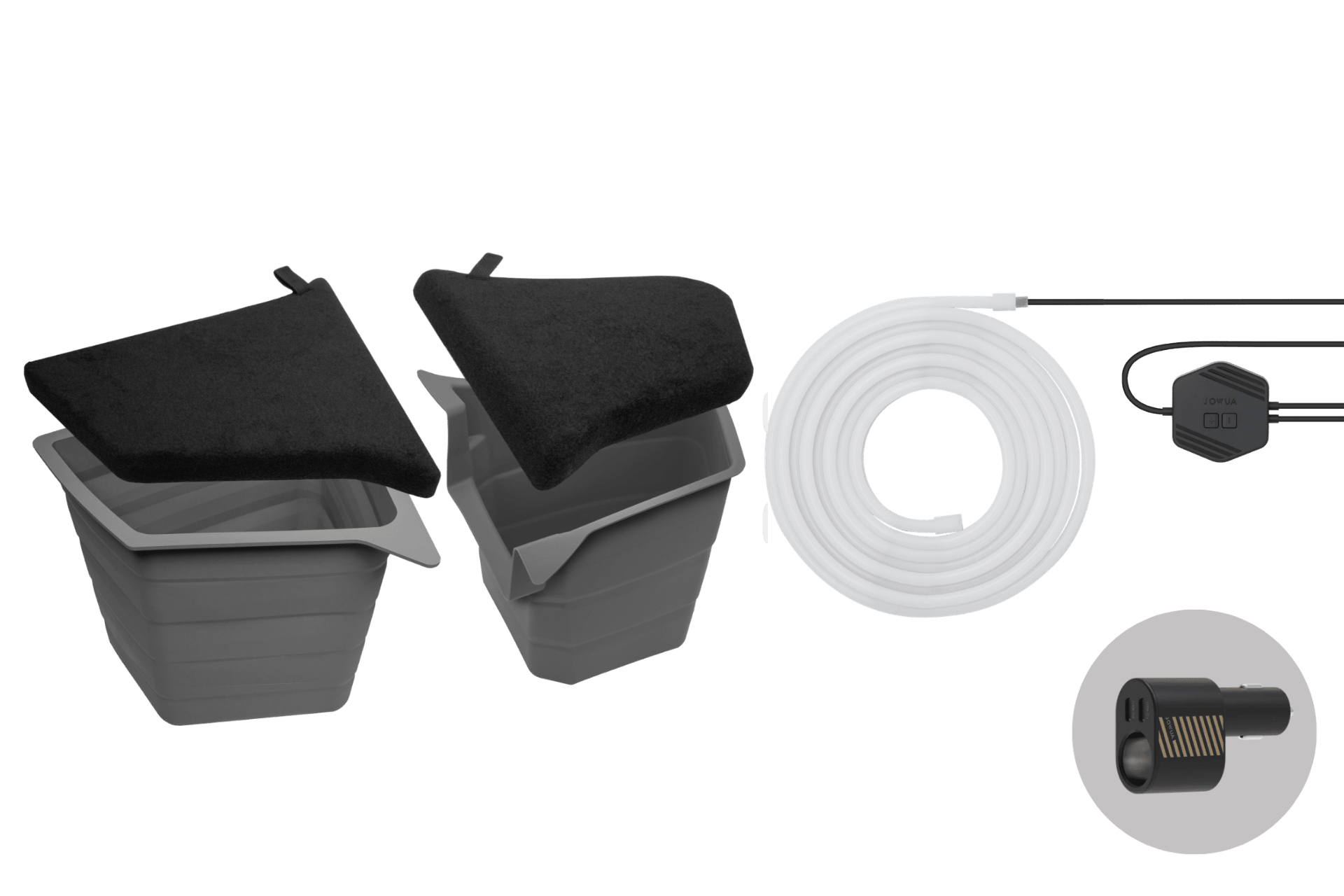 Displayed on a light background are the JOWUA LED Trunk Storage Bins Bundle for Model Y Juniper (2025+), featuring two gray containers with black lids, a coiled premium white silicone tube, a compact black digital device with buttons, and a close-up of a black cylindrical component—perfect for organizing your Tesla Model Y’s trunk or enhancing your Model Y storage bin.