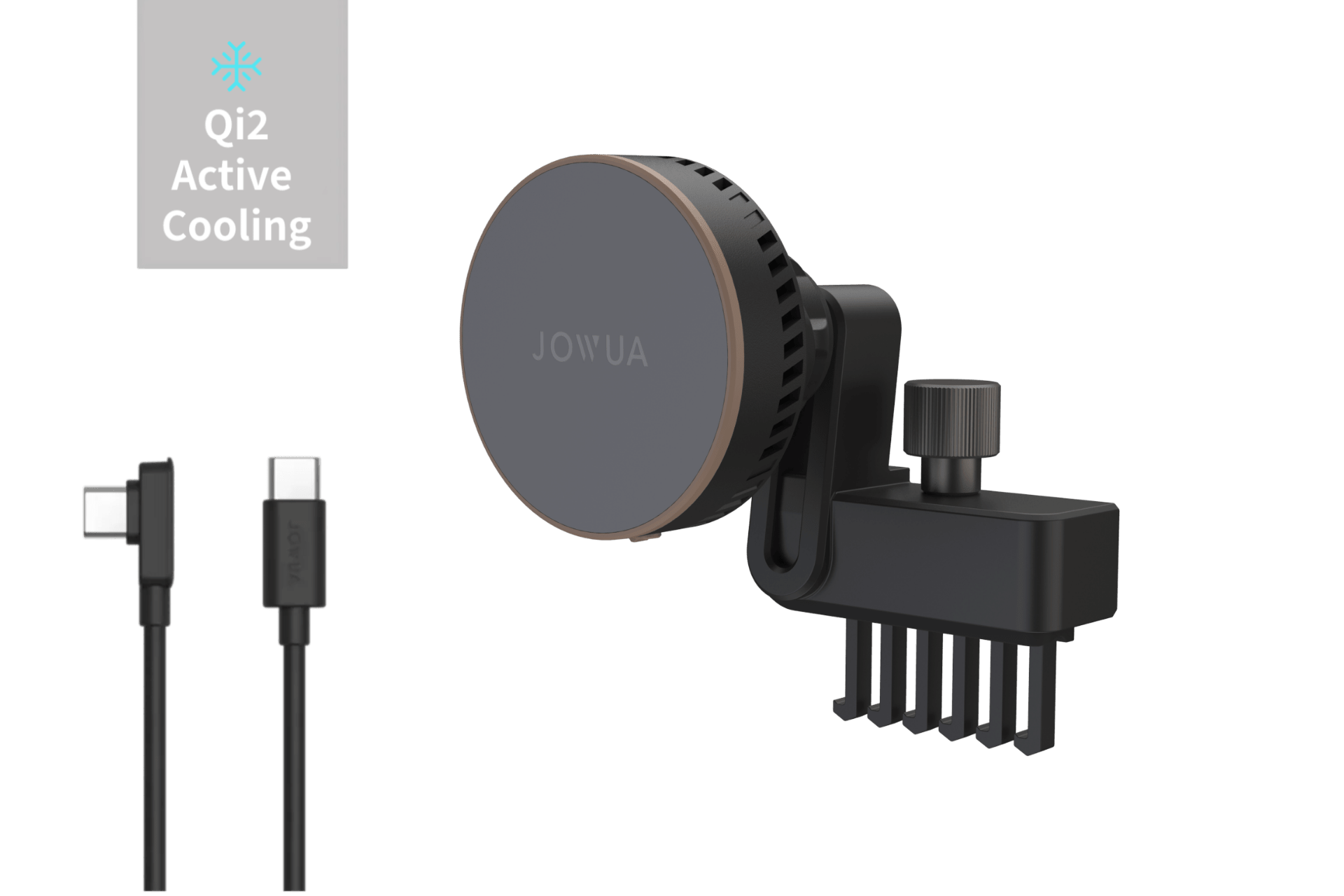 The JOWUA Active Cooling MagSafe Car Mount for Air Vents (Model 3/Y 2018-2024) is shown in black, featuring semiconductor active cooling, a mounting clamp, and a USB-C to USB-C cable. 
