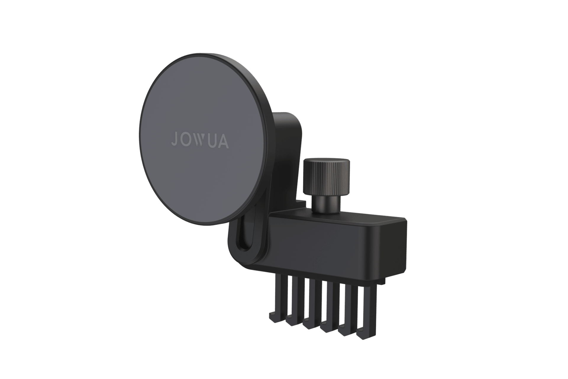 The JOWUA Active Cooling MagSafe Car Mount for Air Vents (Model 3/Y 2018-2024) is a black, round mount with an adjustable knob and five-prong clamp, designed for seamless attachment to your Tesla Model 3 or Y air vent.