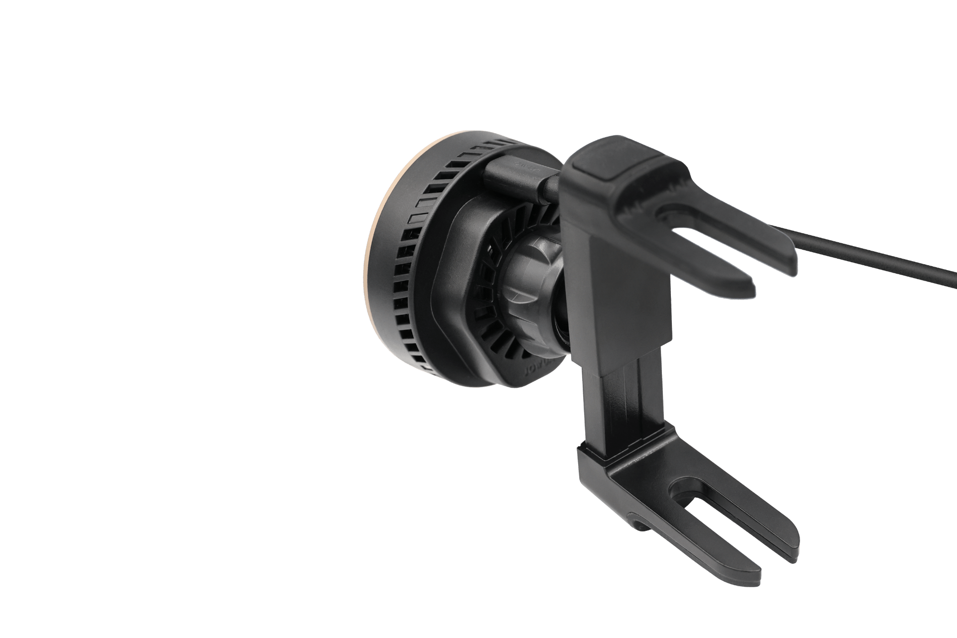 Close-up of the JOWUA Active Cooling Universal MagSafe Car Mount for Air Vents, in black, featuring adjustable design and integrated MagSafe wireless charger, set against a plain white background.