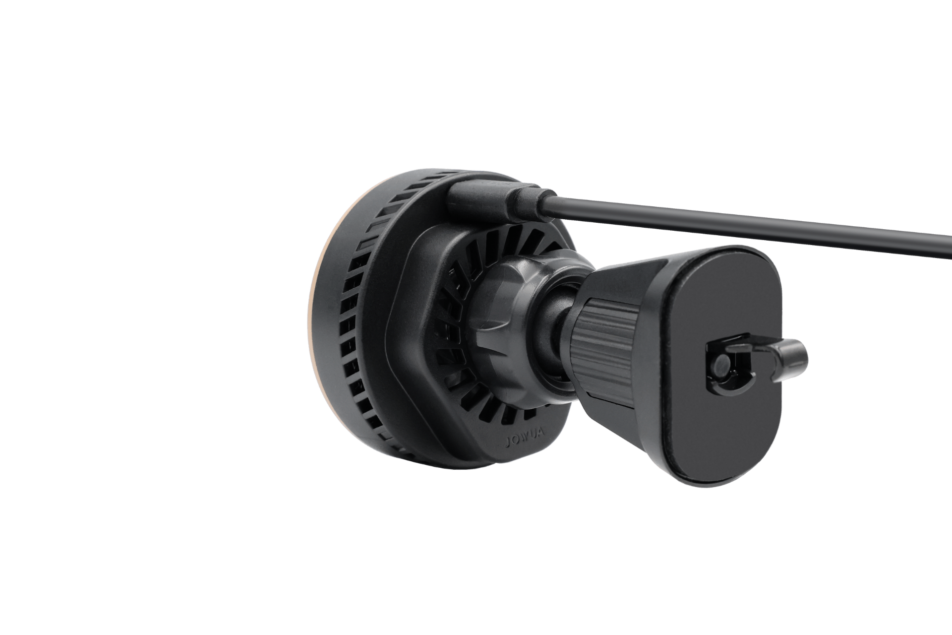 A close-up side view of the JOWUA Active Cooling Universal MagSafe Car Mount for Air Vents, a black device with a circular base, textured knob, and attached cable, featuring MagSafe wireless charging, shown on a plain white background.