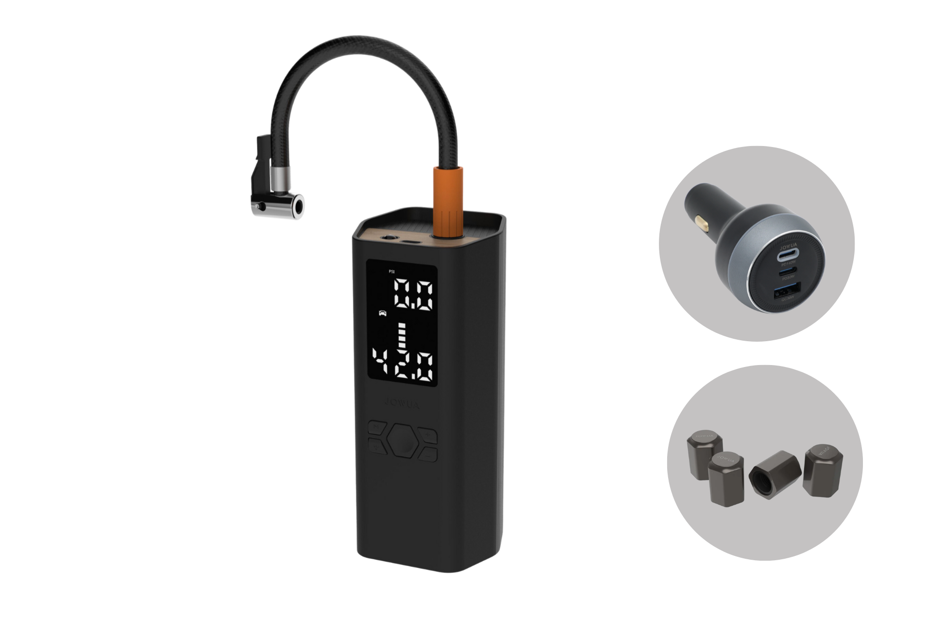 The JOWUA Portable Air Compressor + Charging Solution Kit is shown with a flexible hose, LED display, control buttons, car adapter featuring two USB ports for 100W high-speed charging, and three nozzle adapters.