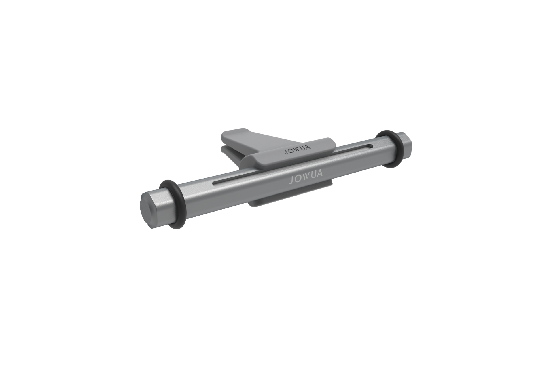 A silver cylindrical metal Tesla Air Freshener for Model S/3/X/Y by JOWUA, with black rubber rings on each end and a central handle engraved with the brand name, designed to hold plant-based essential oils for natural scents.