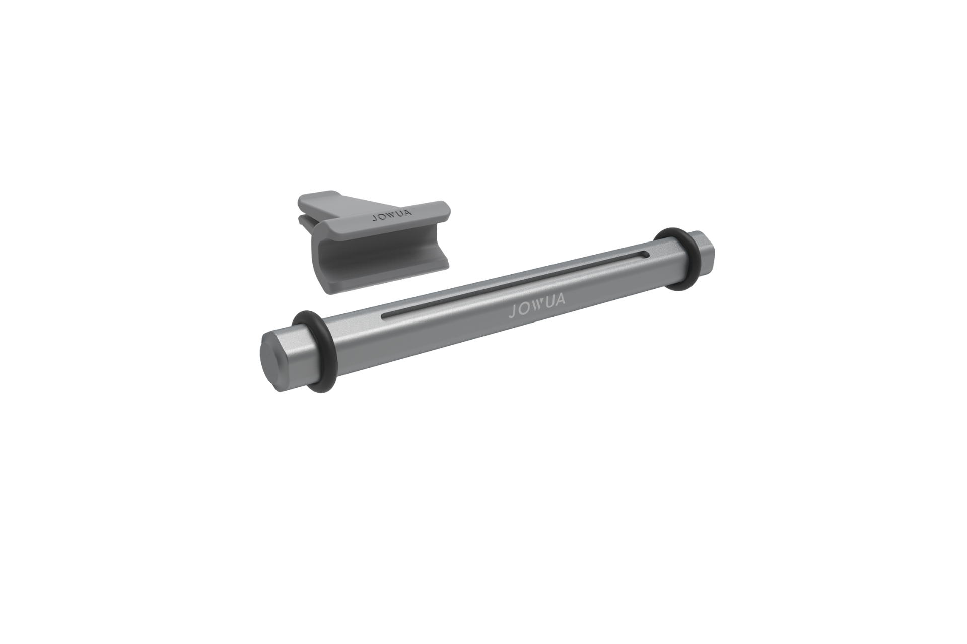 The JOWUA Tesla Air Freshener for Model S/3/X/Y features a metallic cylindrical bar with rubber ends and a gray "JOWUA" clip, filled with plant-based essential oils for natural scents, shown on a white background.