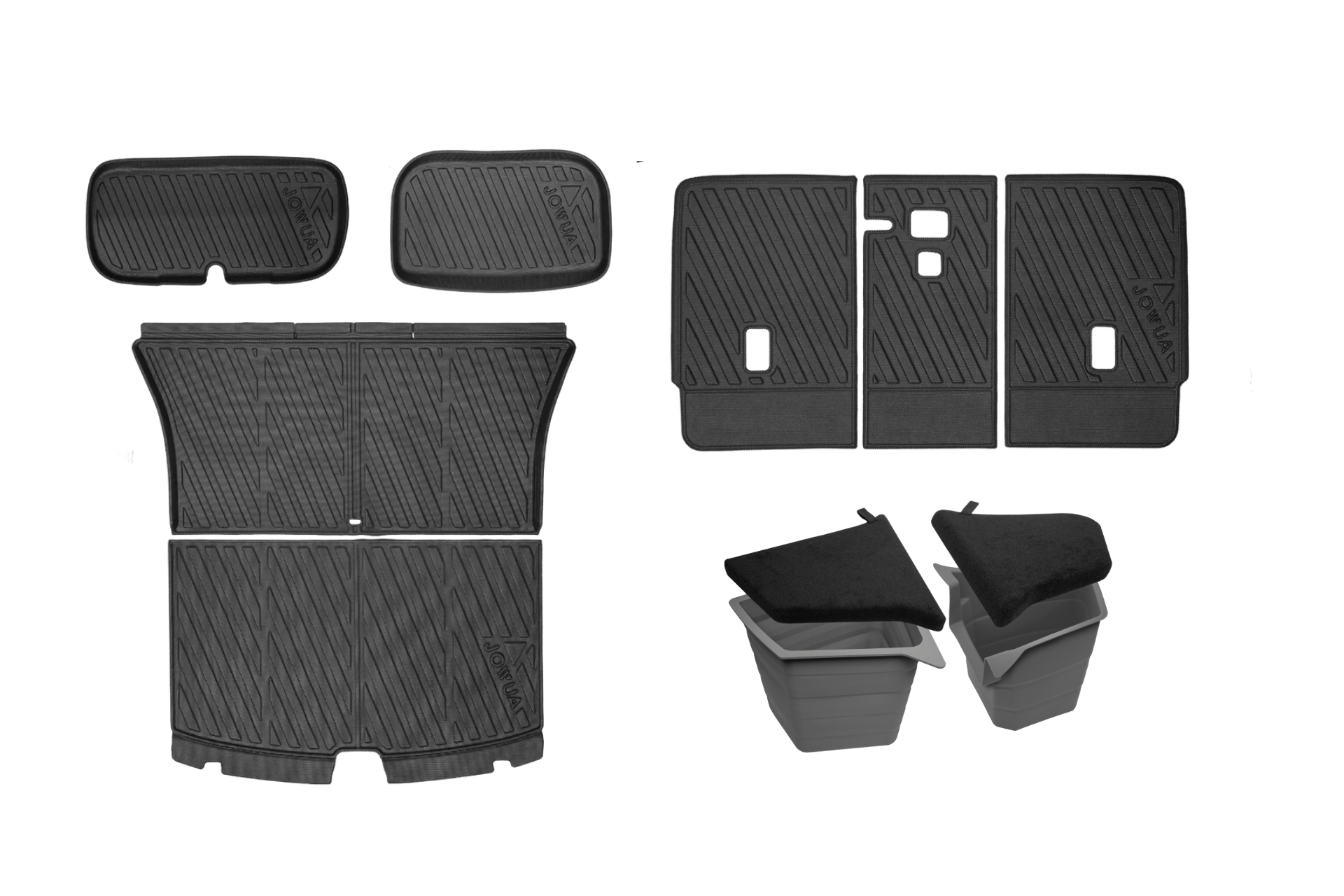 The JOWUA Model Y Trunk Combo (Juniper 2025+) features black textured car floor mats, storage bins with lids, and a waterproof trunk liner—essential accessories for your Tesla Model Y.
