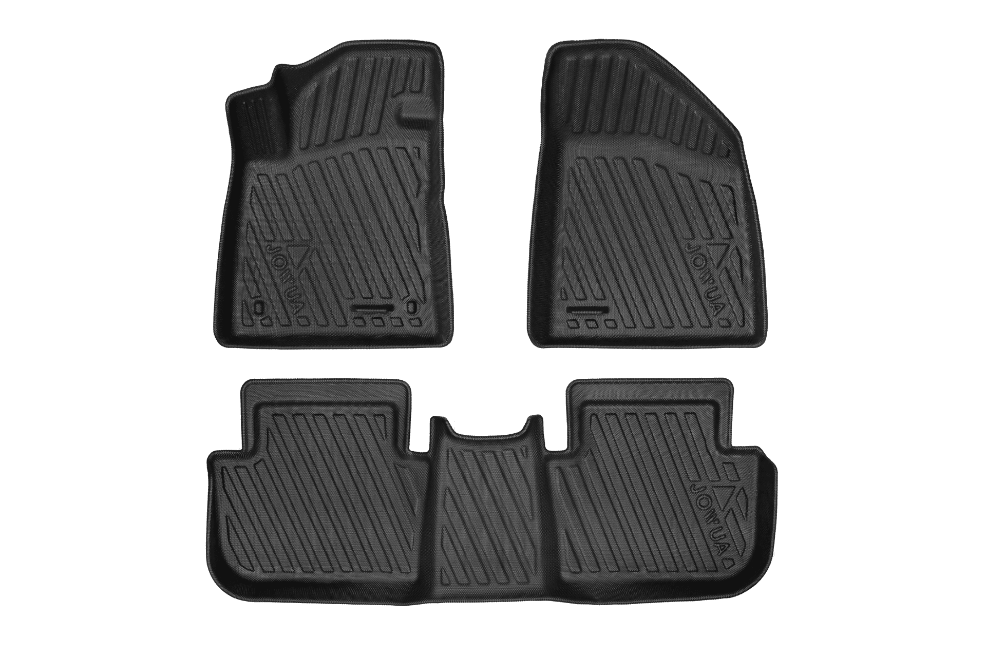 Three black All Weather Floor Liners (MG MG4) by JOWUA are displayed on a light background—two for the front seats and one larger rear mat. Each durable, custom-fit mat features grooved patterns and a bold JOWUA logo.