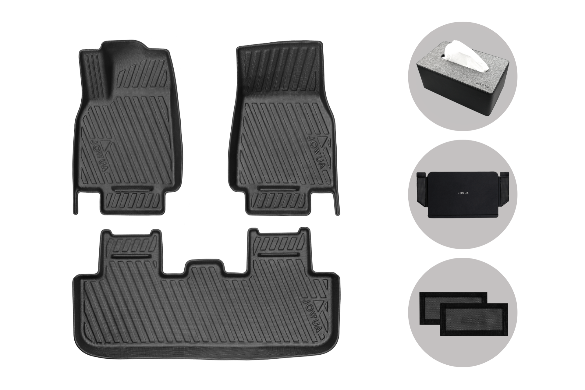 On the left, All Model Y All-Weather Floor Liners Combo by JOWUA are displayed. To the right, you'll find Tesla Model Y accessories like a grey tissue box, a black Jowua organizer, and two black mesh sunshades, all elegantly showcased on a plain grey background.