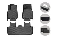 On the left, three black ribbed premium floor liners; on the right, JOWUA’s All-in-One Interior Upgrade Set for Model Y Juniper (2025+), including a tissue box, console pouch, and two rectangular air filters.