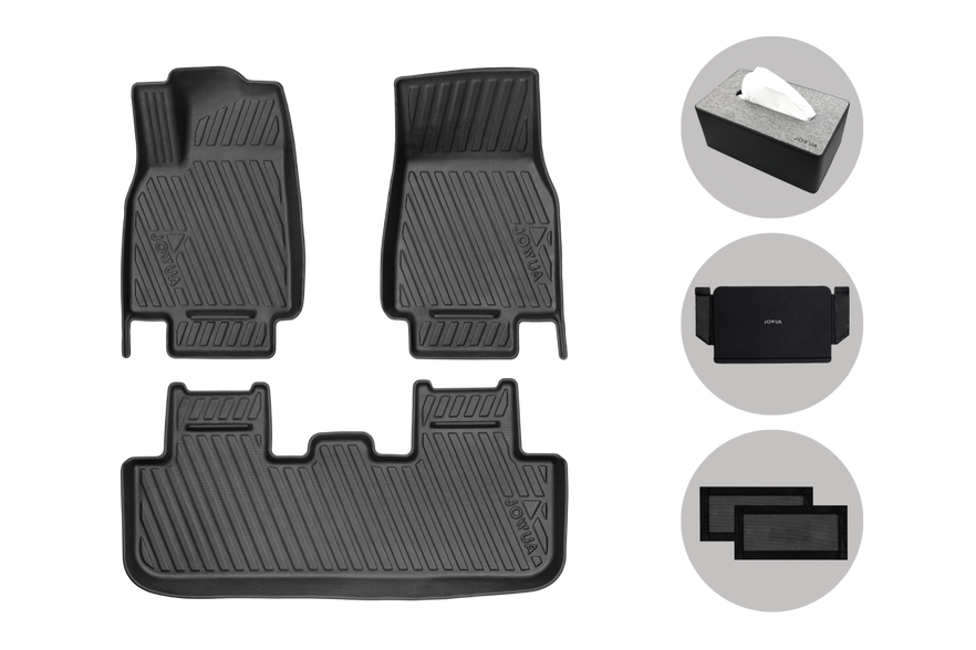 On the left, All Model Y All-Weather Floor Liners Combo by JOWUA are displayed. To the right, you'll find Tesla Model Y accessories like a grey tissue box, a black Jowua organizer, and two black mesh sunshades, all elegantly showcased on a plain grey background.