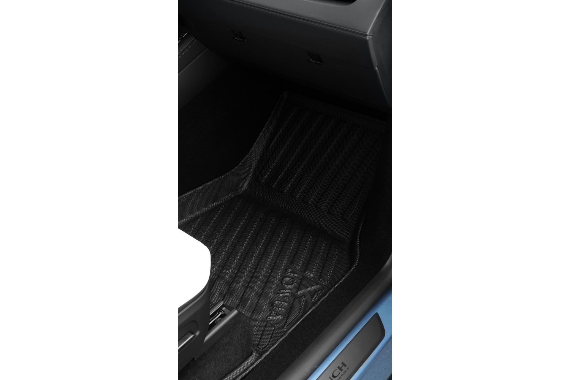 JOWUA Model Y (Juniper 2025+) All-Weather Floor Liners Combo installed on the passenger side of a vehicle with black interior and blue door sill trim.