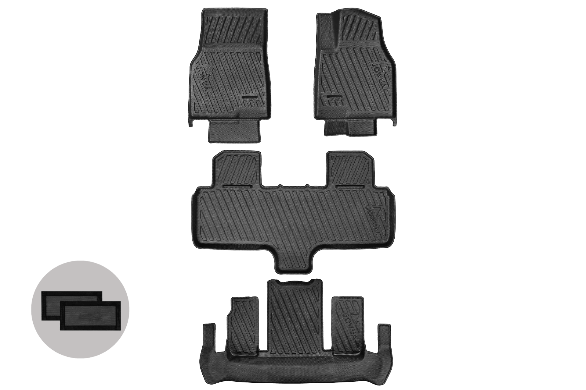 Set of four black, contoured JOWUA Model Y L (2026+) All Weather Floor Liners for right-hand drive vehicles, arranged on a light background, with a small round icon featuring stacked rectangles in the lower left corner.