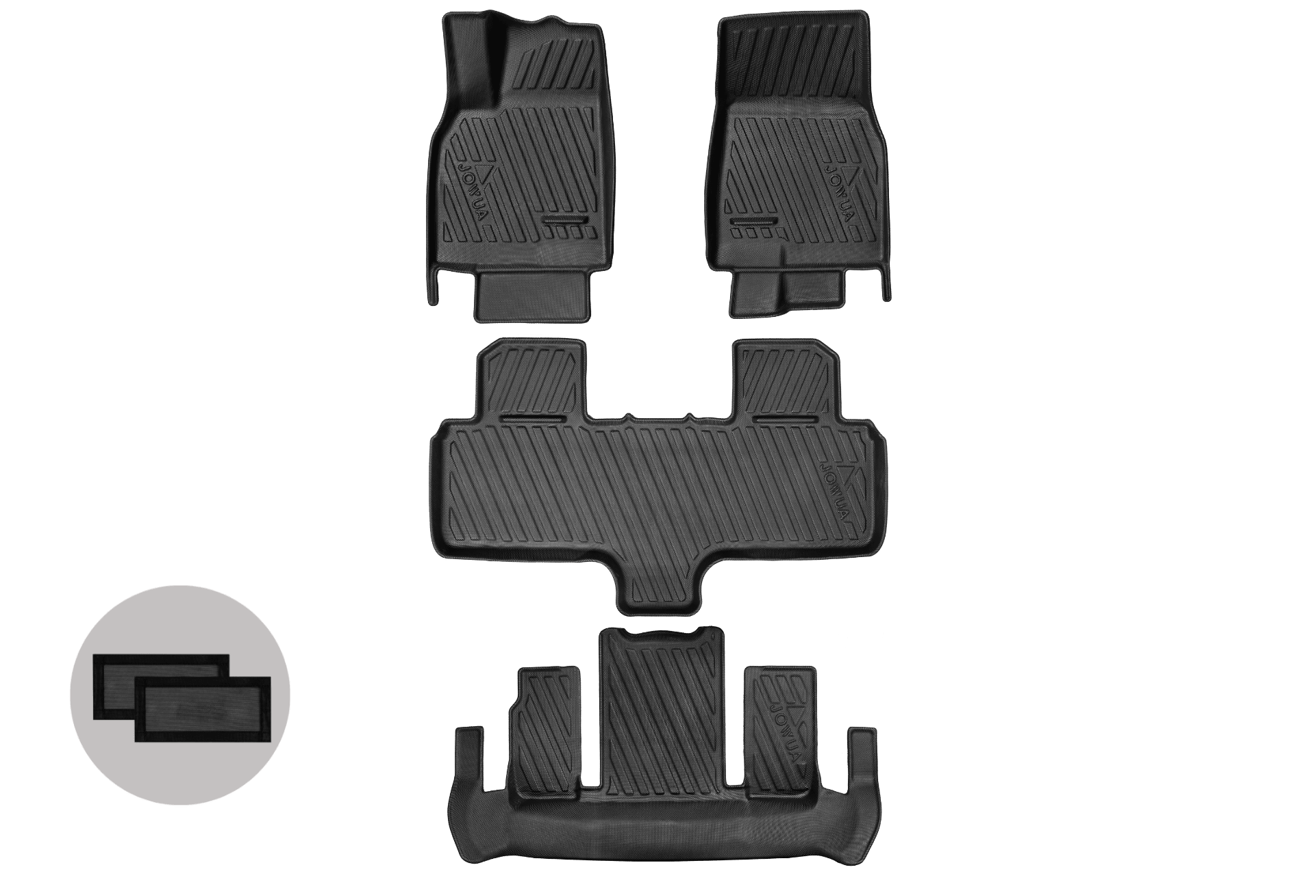 JOWUA’s Model Y L (2026+) All Weather Floor Liner (Left Hand Drive) is displayed with other black mats and cargo liners on a light surface, showing various shapes for front and rear areas. Overlapping rectangles icon appears in the bottom left.