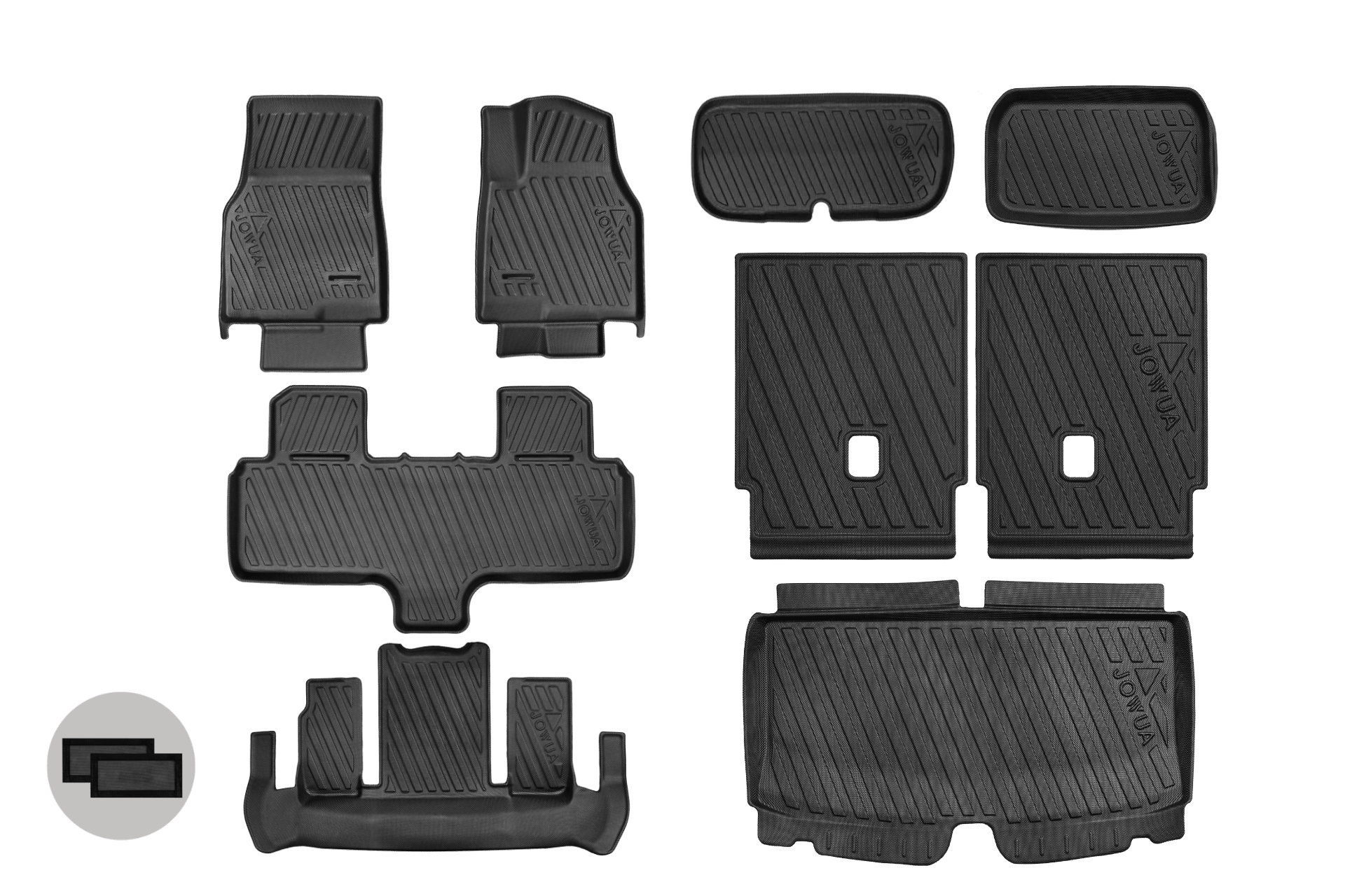 A set of black, custom-fit JOWUA Model Y L (2026+) Interior/Trunk Full Coverage Liner Combo (Right Hand Drive Version) is displayed on a white background, with each floor mat and rear under seat air vent cover arranged individually.