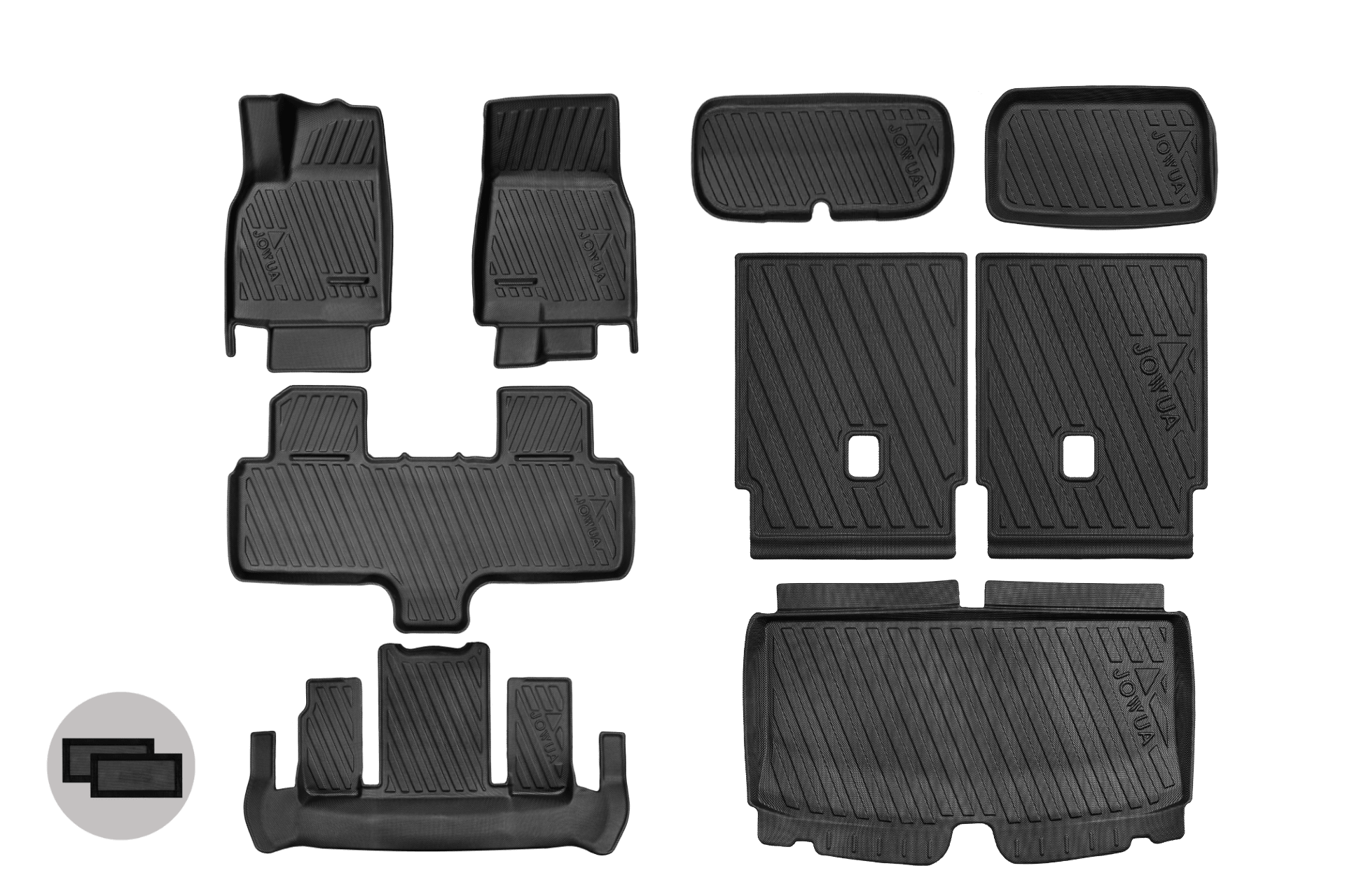 The JOWUA Model Y L (2026+) Interior/Trunk Full Coverage Liner Combo, shown on a light background, includes black all-weather custom-fit mats for the front, rear, and trunk plus a close-up inset of the mat's texture.