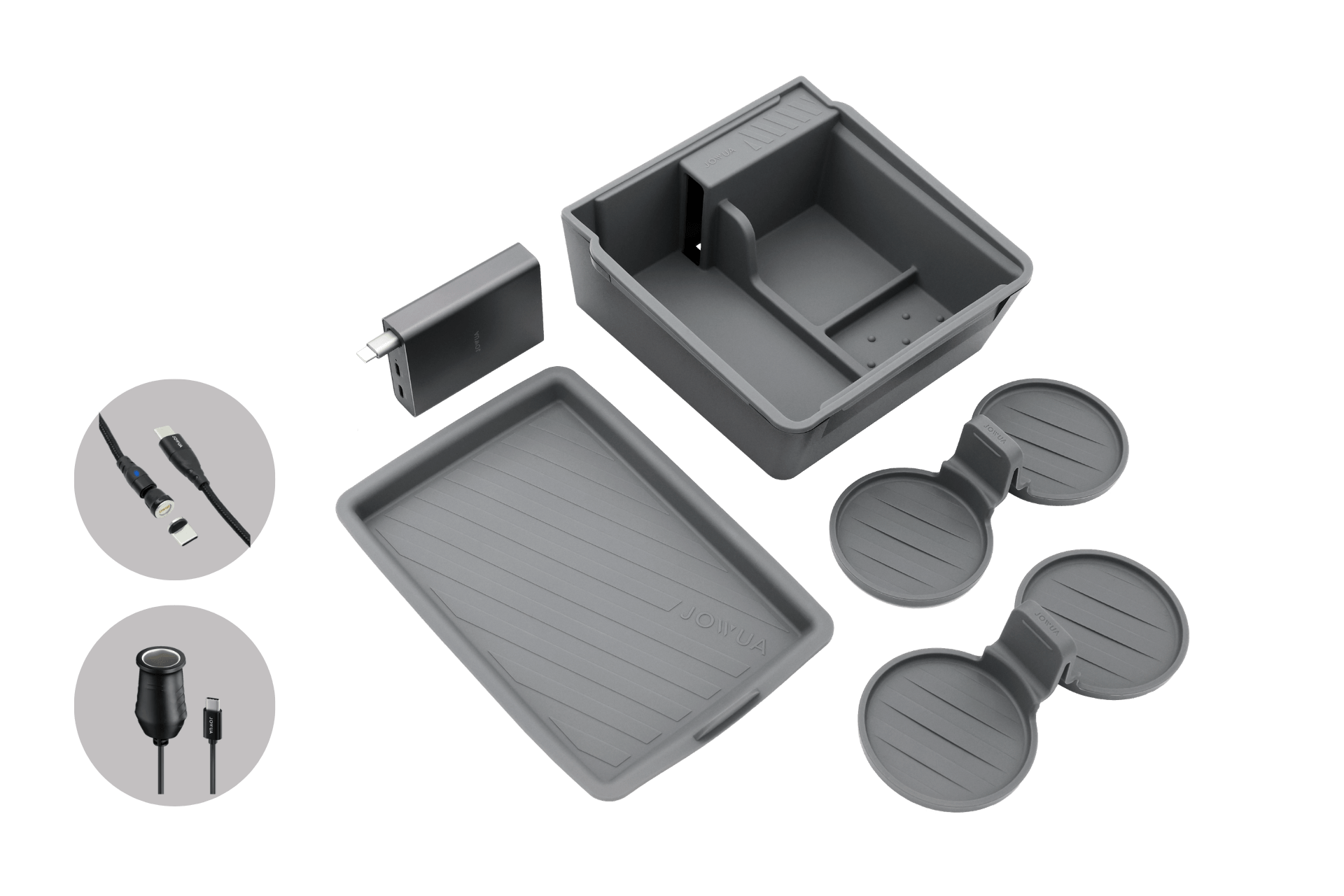 The JOWUA Armrest Storage Organizer Set with Power HUB for Tesla Model Y Standard 2026+ includes a gray armrest organizer, silicone mat, charging adapter, cables, and two round cup coasters, all displayed on a light background.
