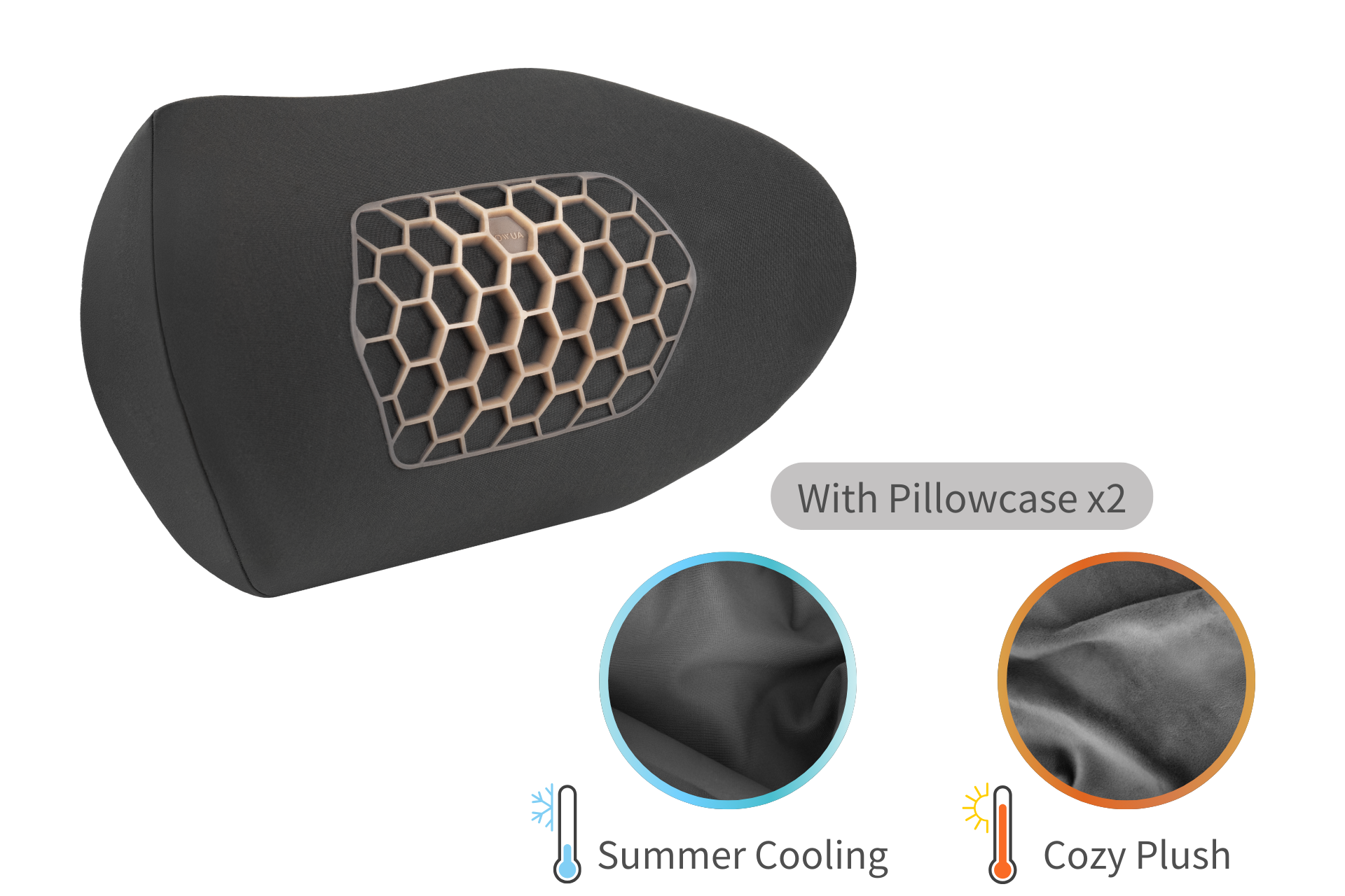 Introducing the JOWUA Car Neck Pillow, an ergonomic solution with adjustable height in a sleek black design. It features a hexagonal honeycomb pattern at its core for optimal support. The pillow comes with two complementary pillowcases: the "Summer Cooling" in blue and the "Cozy Plush" in orange, offering all-season comfort.