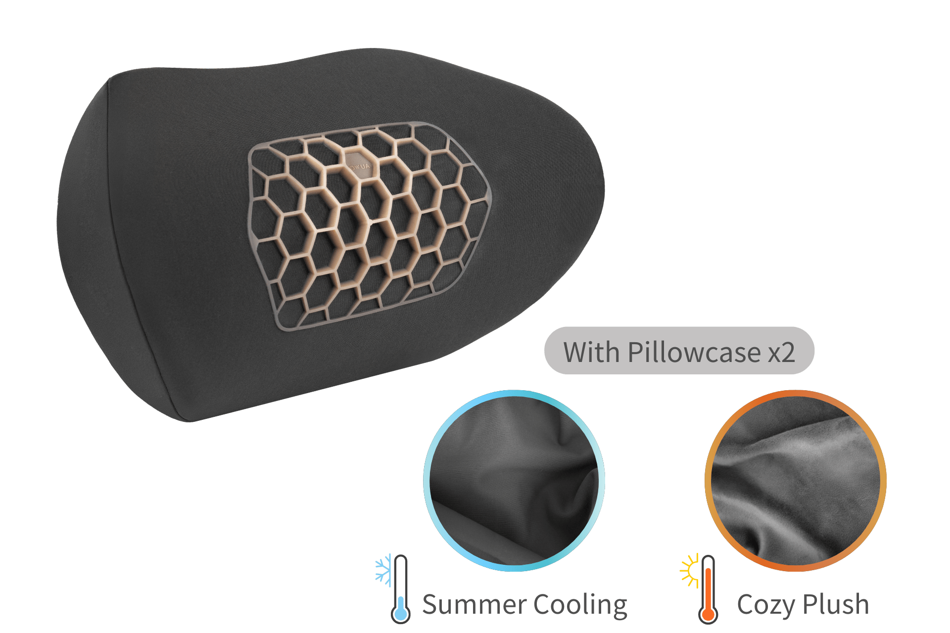 Introducing the JOWUA Car Neck Pillow, an ergonomic solution with adjustable height in a sleek black design. It features a hexagonal honeycomb pattern at its core for optimal support. The pillow comes with two complementary pillowcases: the "Summer Cooling" in blue and the "Cozy Plush" in orange, offering all-season comfort.
