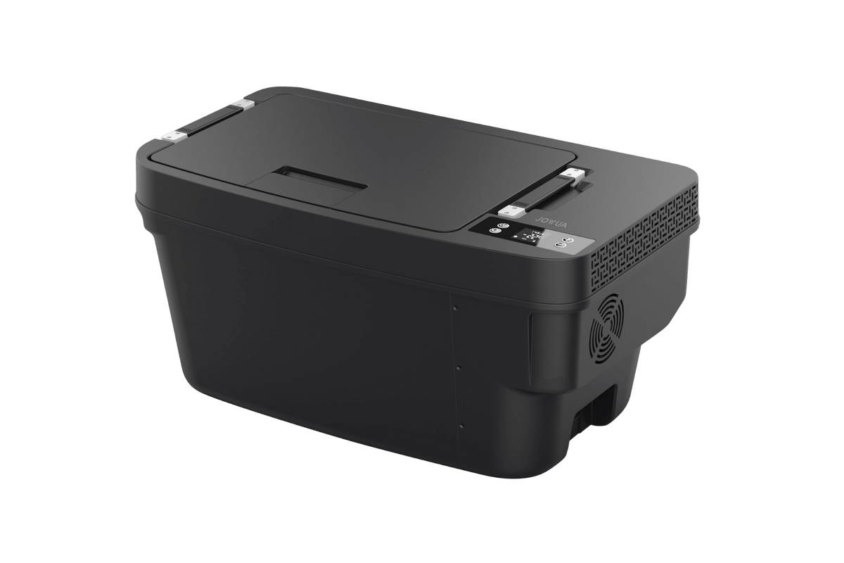Black JOWUA Car Refrigerator for Tesla Model Y L (2026+) with an intelligent dual-mode cooling system, a digital display panel, and a top-loading lid.